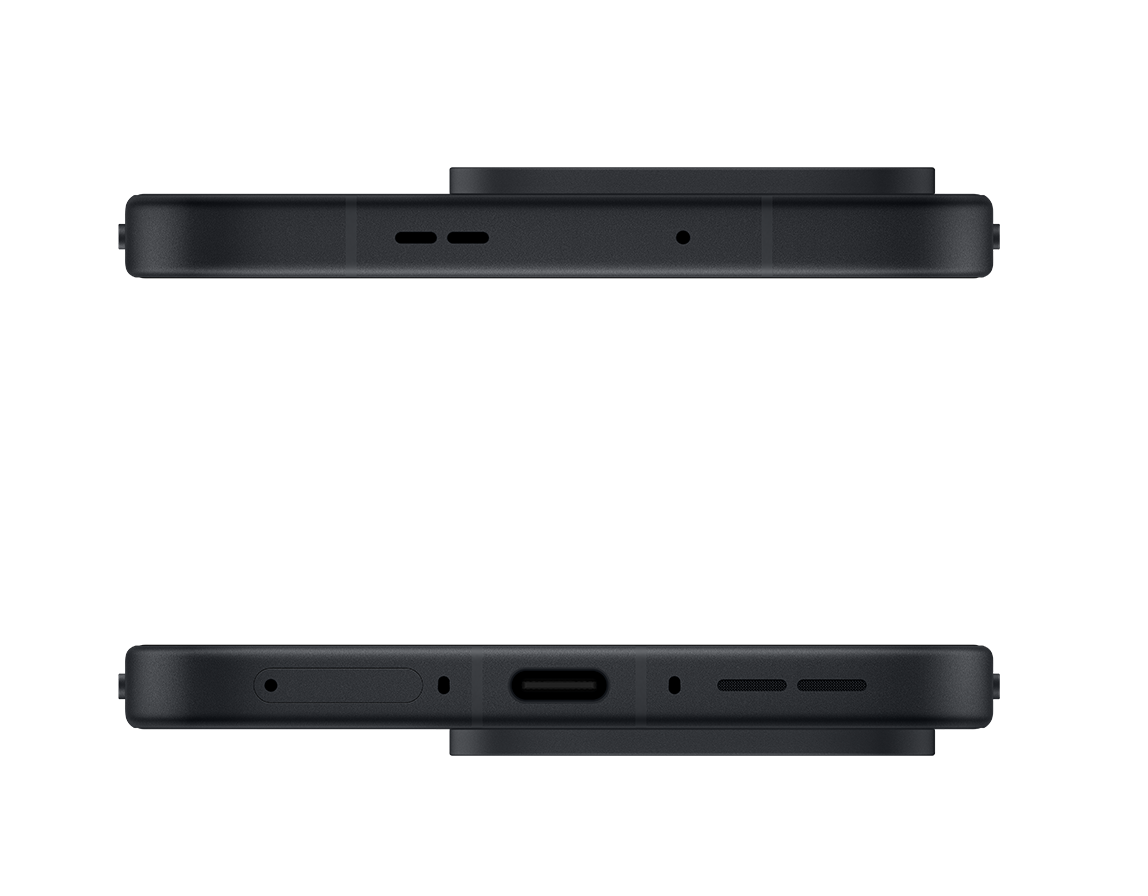 Pokazano dwa czarne smartfony. Górny ma aparat i głośnik; dolny ma port ładowania i głośnik.