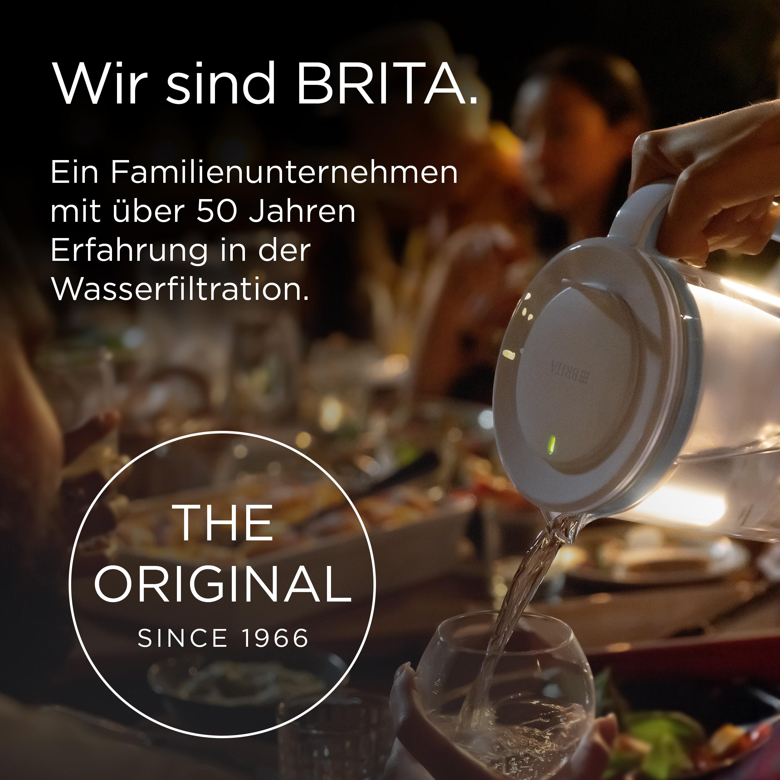 Eine Person gießt Wasser aus einem weißen Brita-Krug in ein Glas. Text: Wir sind BRITA. The Original seit 1966.