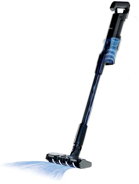 Un aspirapolvere senza fili nero e blu con un lungo manico. Linee di flusso d'aria blu emanano dalla testina dell'aspirapolvere.
