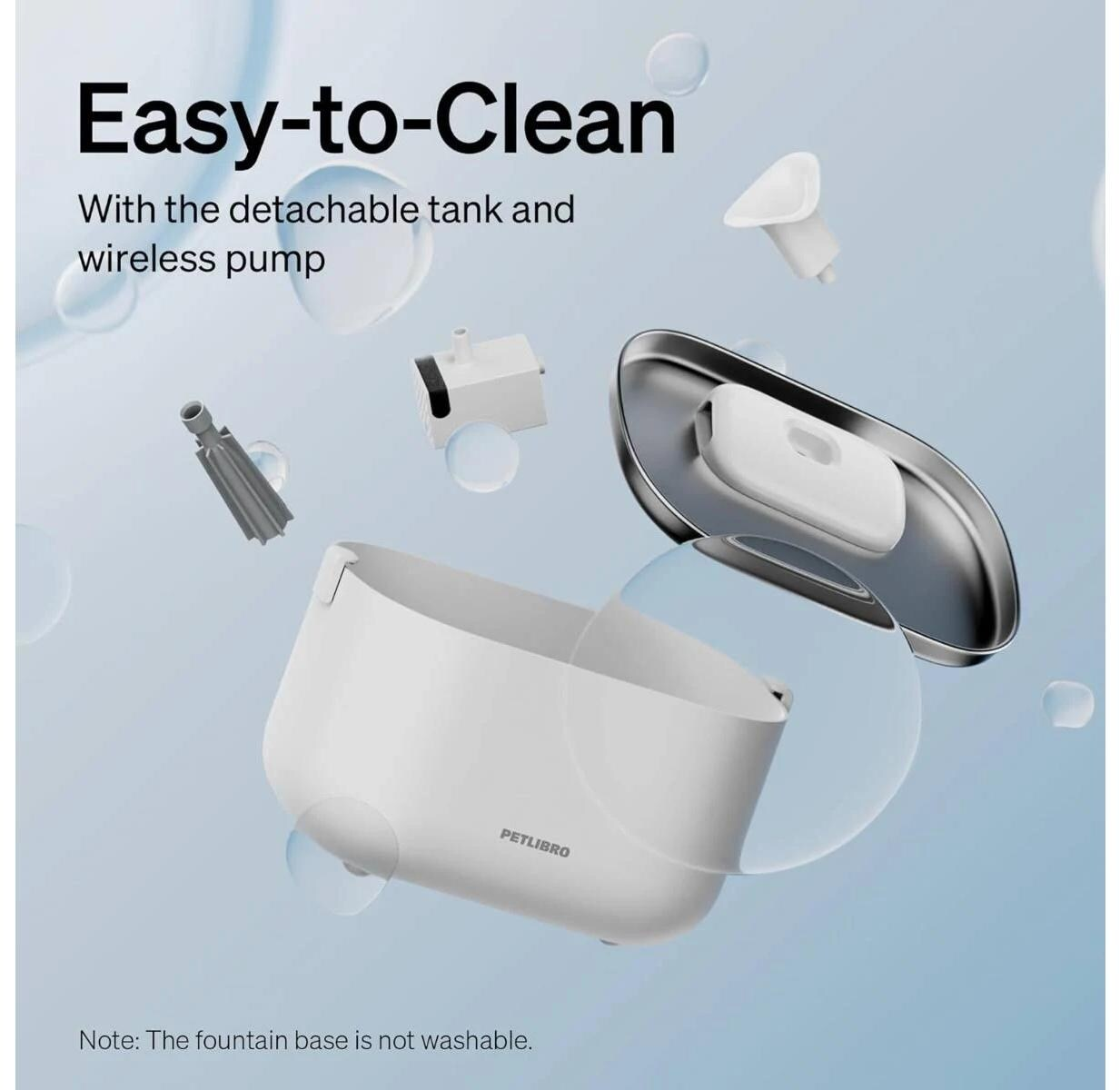 L'immagine mostra una fontana per animali domestici smontata con testo: Easy-to-Clean. I componenti includono serbatoio bianco, pompa e filtro.