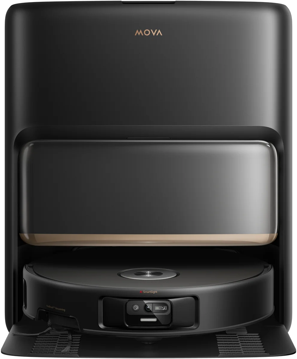 Un aspirapolvere robot MOVA nero e oro. Ha una base arrotondata con una fotocamera e una sezione superiore rettangolare.