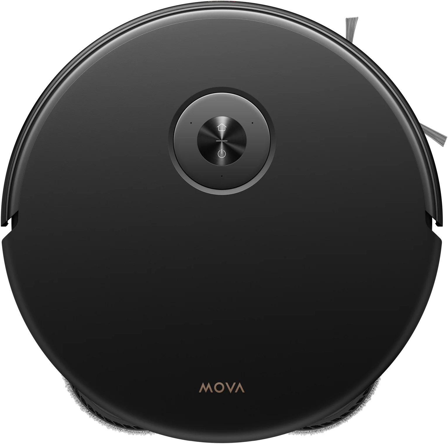 Un aspirapolvere robot MOVA nero. Ha una forma rotonda, un pannello di controllo centrale e una piccola spazzola laterale.