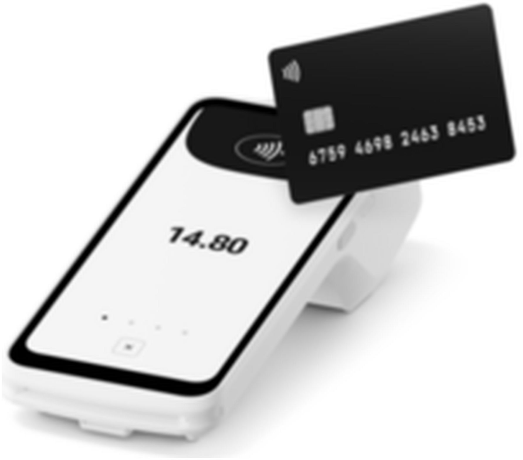 Une carte de crédit noire au-dessus d'un lecteur de carte blanc affichant 14,80. La carte a des numéros et un symbole sans contact.