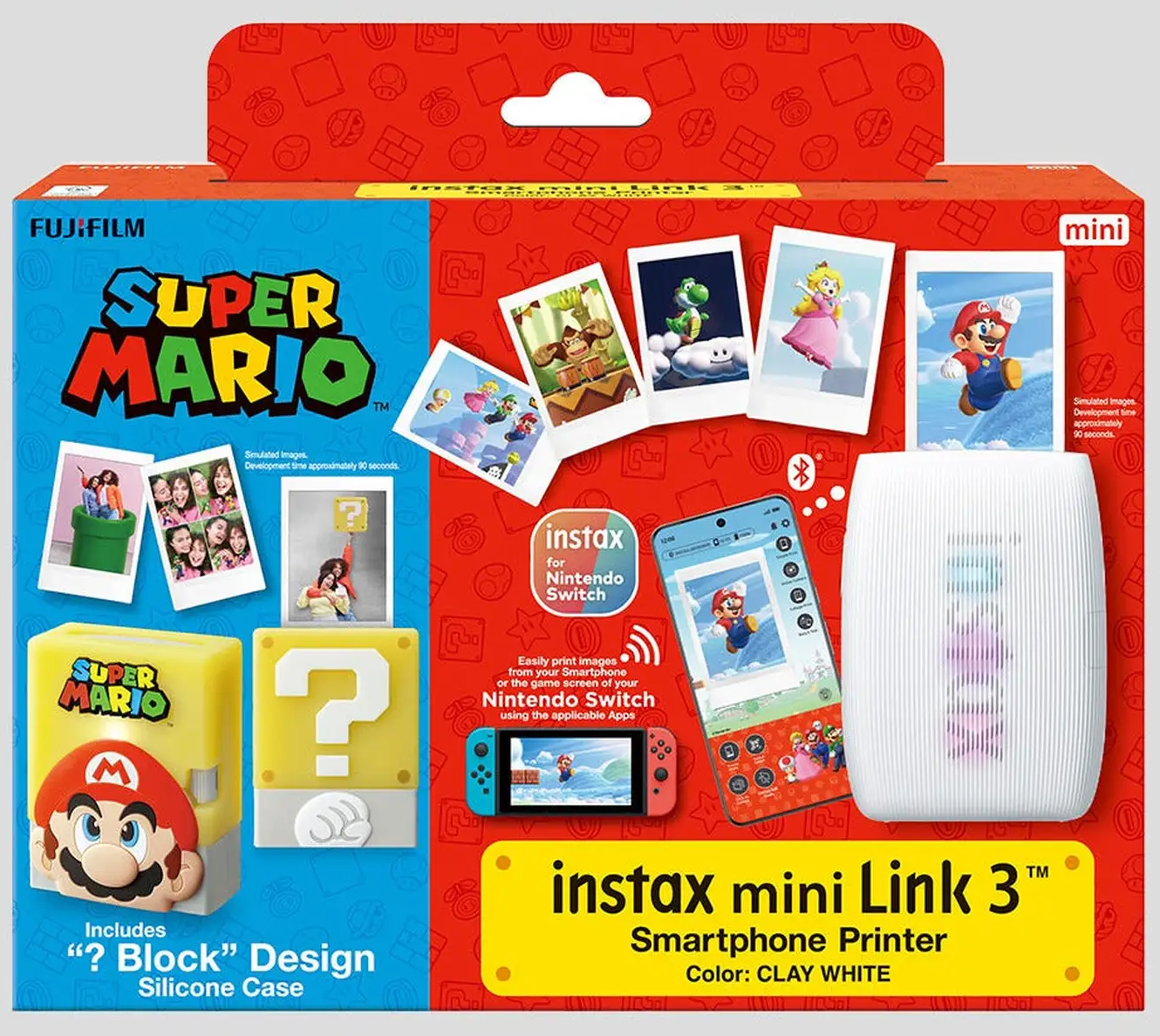 Box-Art für einen Super Mario instax mini Link 3 Drucker. Enthält Mario, Fotos und eine ? Block Silikonhülle, mit rotem und blauem Design.