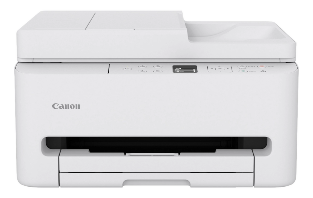 È mostrata una stampante Canon bianca, con pulsanti e un vassoio della carta. Il logo Canon è visibile frontalmente.