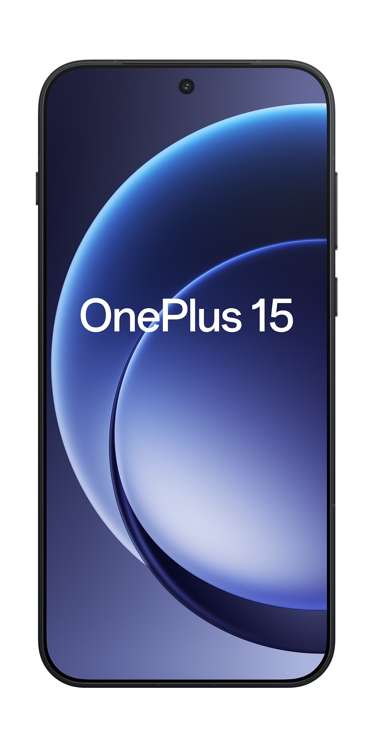 Smartfon z czarną ramką. Ekran wyświetla niebieski gradient z białym napisem 'OnePlus 15'.