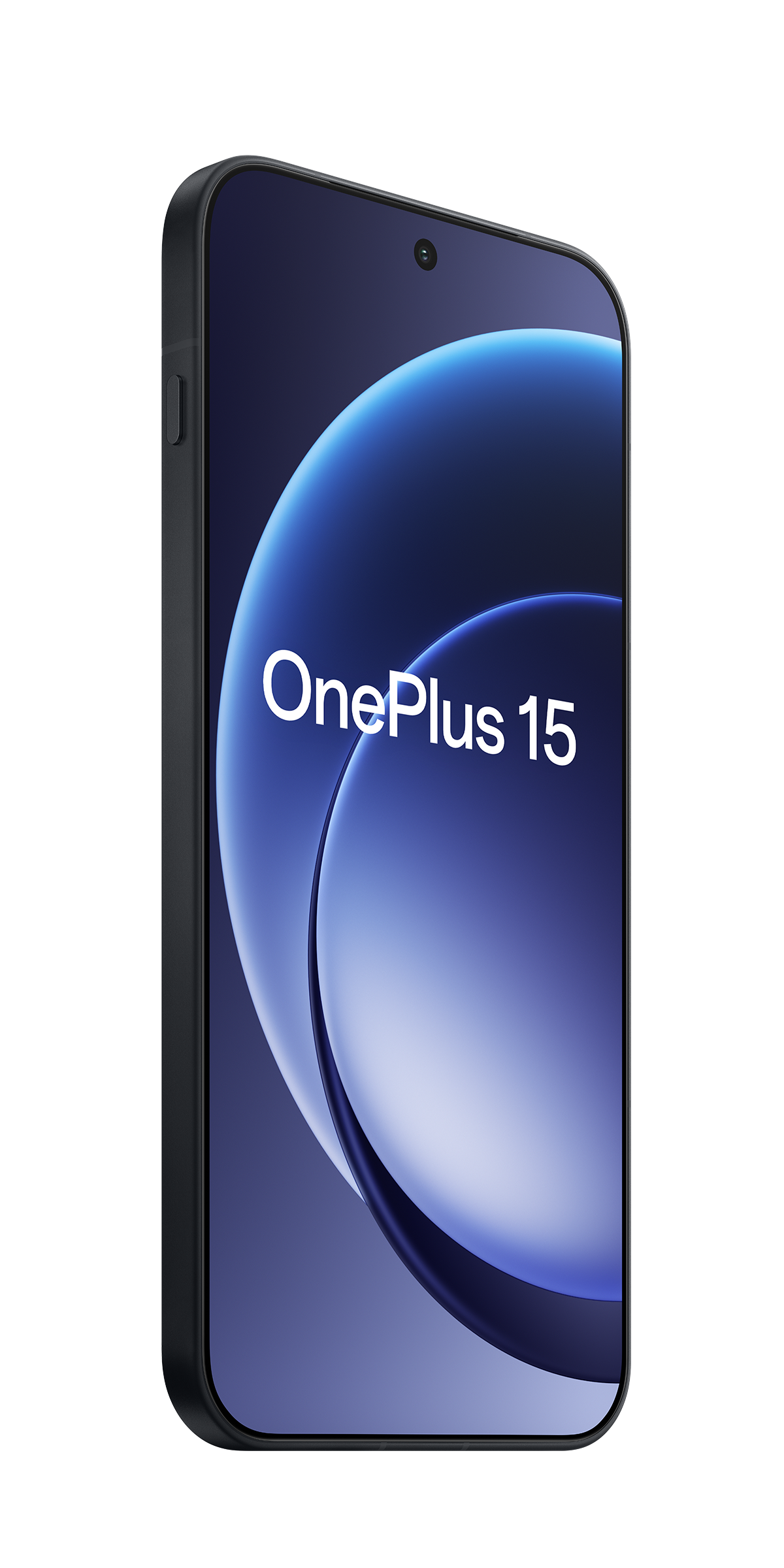 Czarny smartfon OnePlus 15. Ekran wyświetla niebiesko-biały abstrakcyjny wzór z nazwą OnePlus 15.