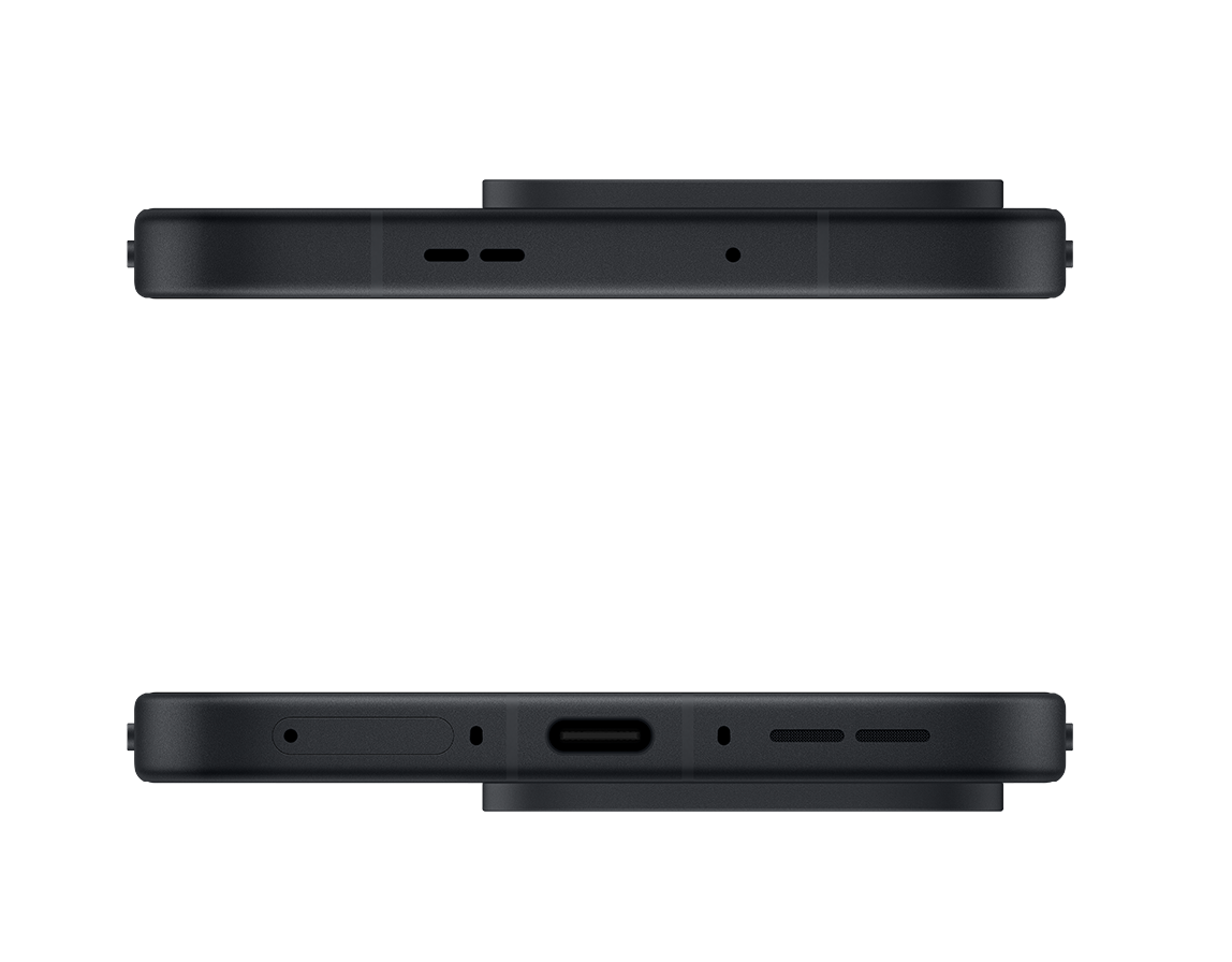 Dwa czarne smartfony obok siebie na czarnym tle. Górny telefon ma głośnik, mikrofon i kolejny otwór. Dolny ma port i głośnik.