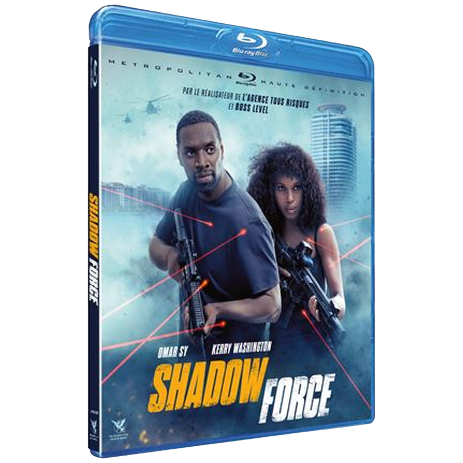 Couverture Blu-ray de Shadow Force. Avec Omar Sy et Kerry Washington tenant des armes. Gratte-ciel et hélicoptères en arrière-plan.