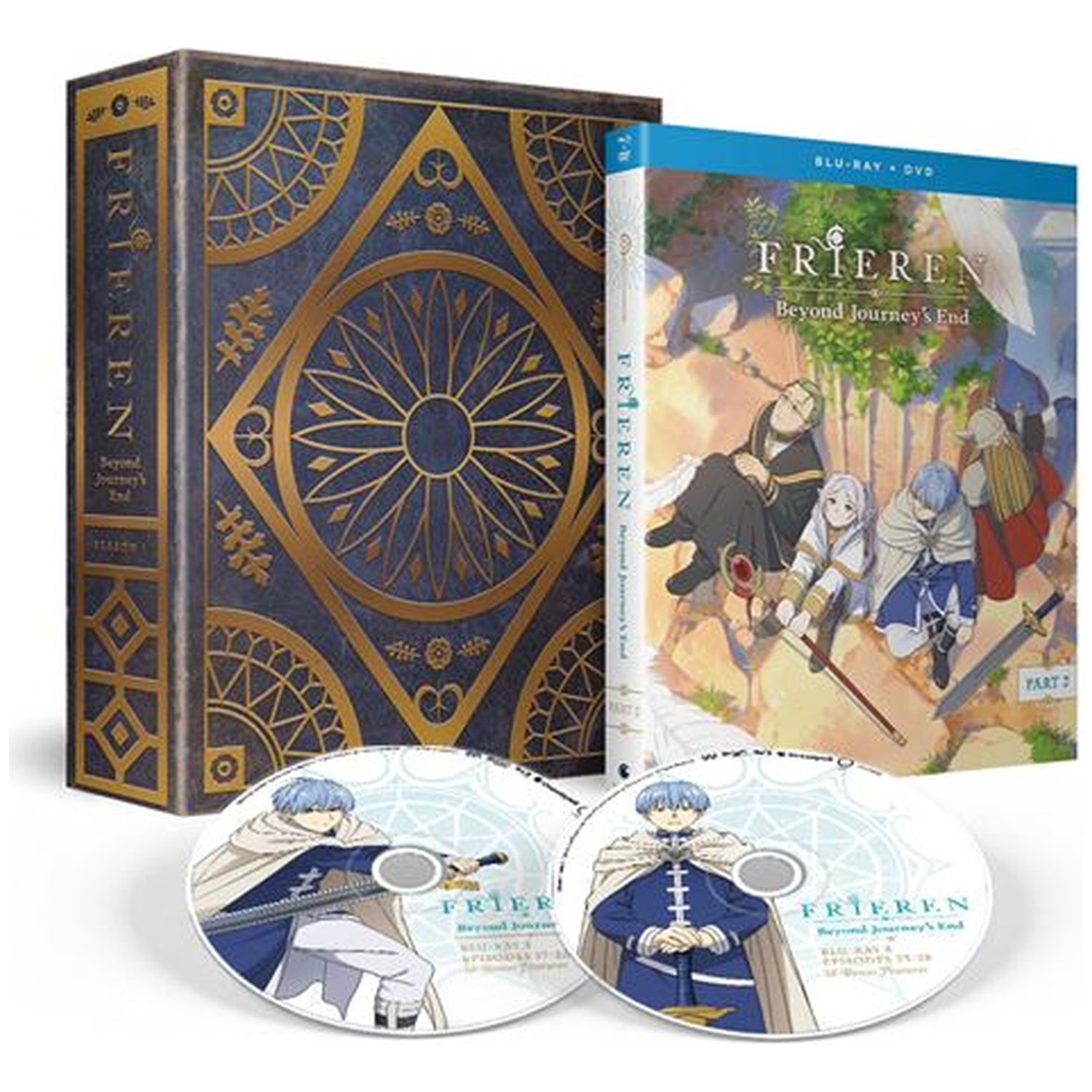 Frieren DVD set. Includes a box, Blu-ray/DVD case, and two discs. The box and discs feature anime characters.