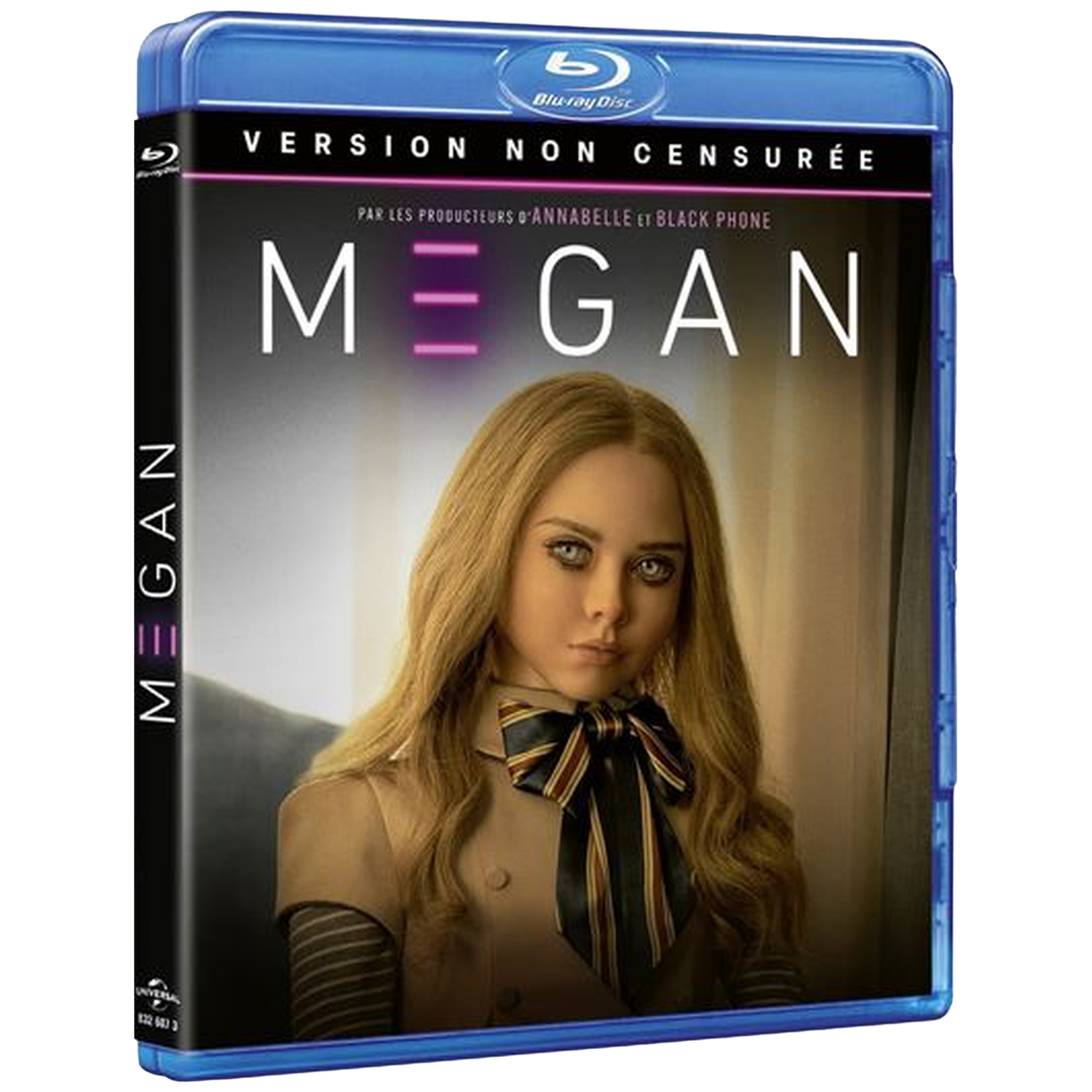 Couverture Blu-ray du film MEGAN. Présente une fille aux cheveux blonds et un nœud papillon. Le titre est visible avec le texte VERSION NON CENSURÉE.