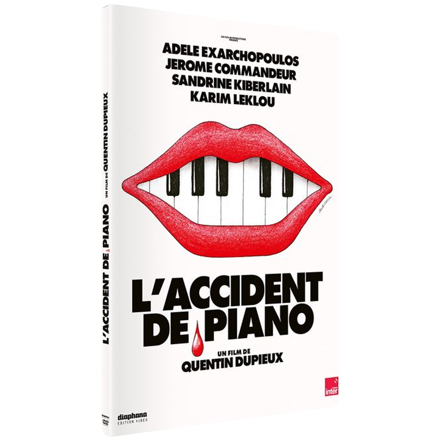 Filmposter: Rode lippen met pianotoetsen, titel 'L'Accident de Piano', acteurs. Witte achtergrond met filmdetails.