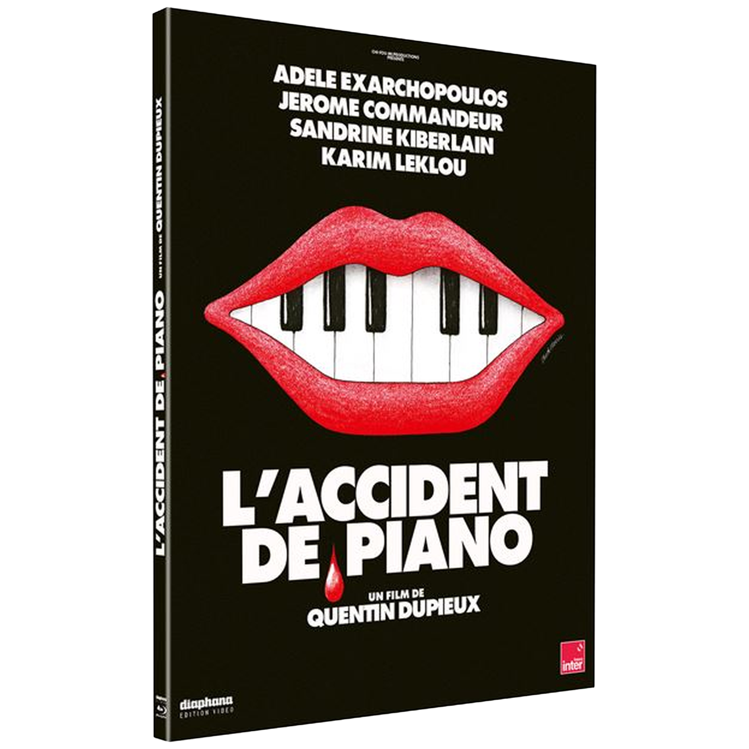 Affiche du film 'L'Accident de Piano'. Lèvres rouges comme touches de piano. Noms des acteurs en haut, titre en dessous, fond noir.