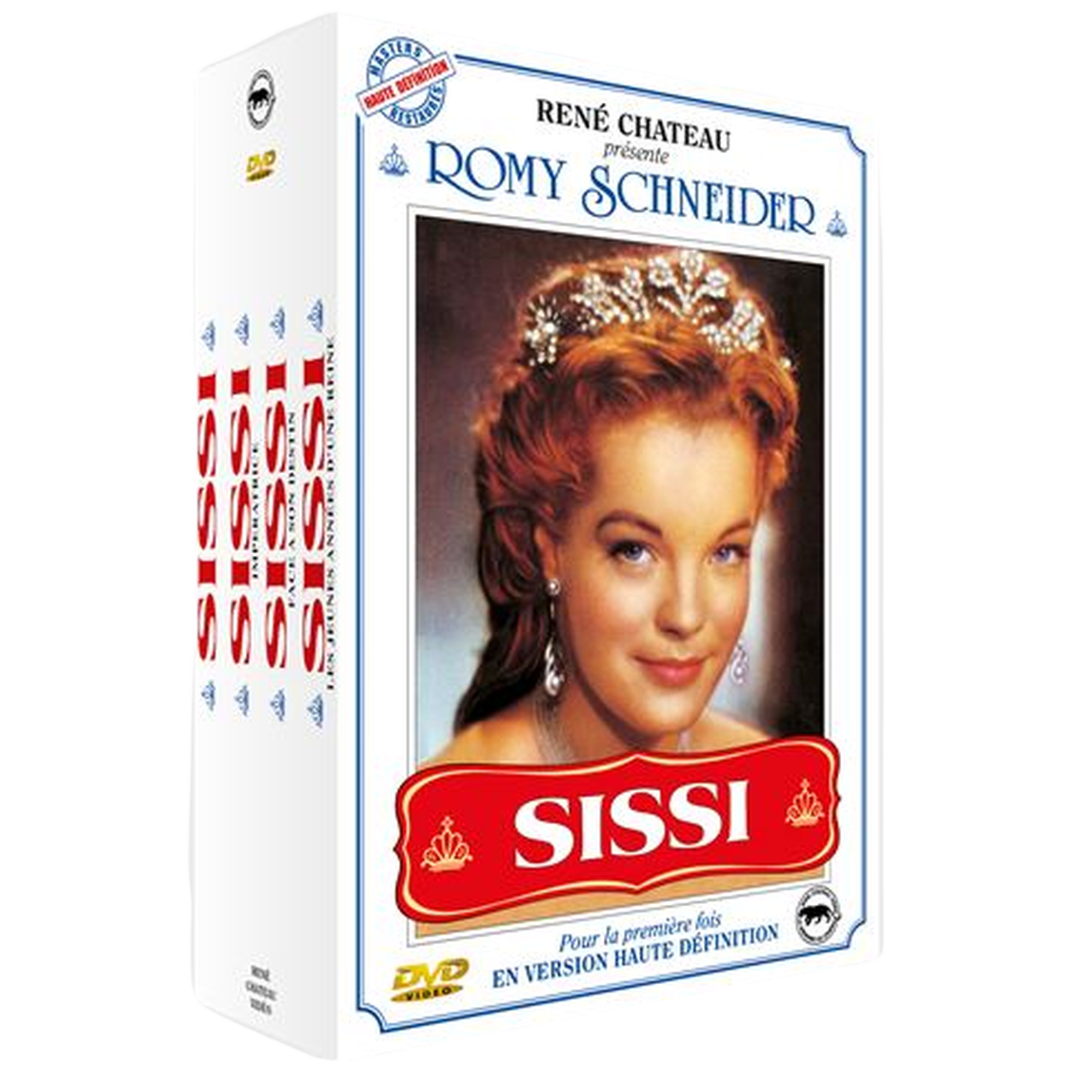 DVD-boxset van "Sissi" met Romy Schneider. De box bevat een portret van Schneider, de titel "Sissi" en Franse tekst.