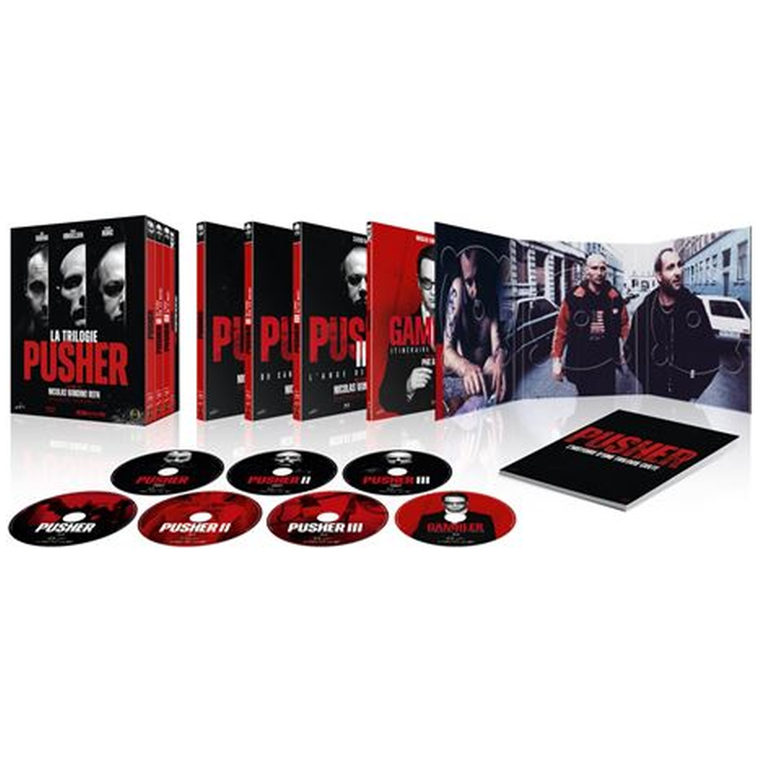 Een 'Pusher'-filmcollectie. Bevat dvd's, hoezen en een boekje. De hoezen tonen de filmtitel en afbeeldingen van acteurs.