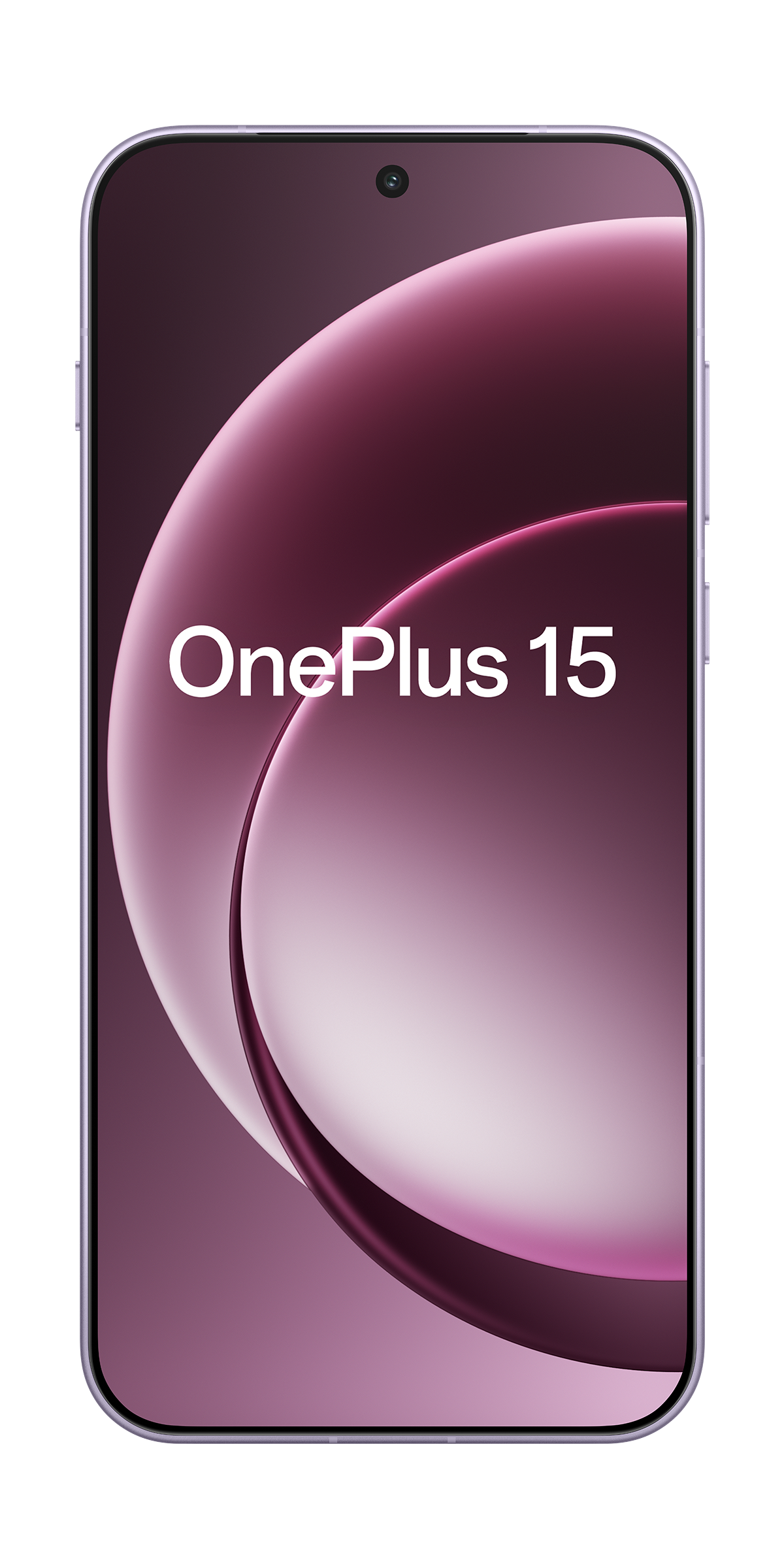 Smartfon z fioletową ramką. Ekran wyświetla gradient z napisem OnePlus 15.