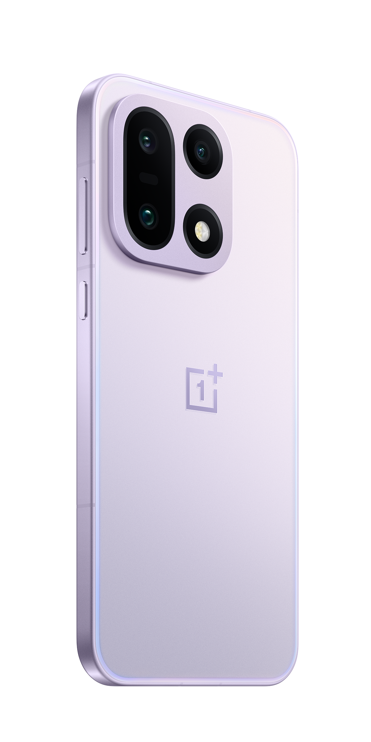 Lawendowy telefon OnePlus z czterema tylnymi aparatami. Przyciski zasilania i głośności z boku. Widoczne logo OnePlus.
