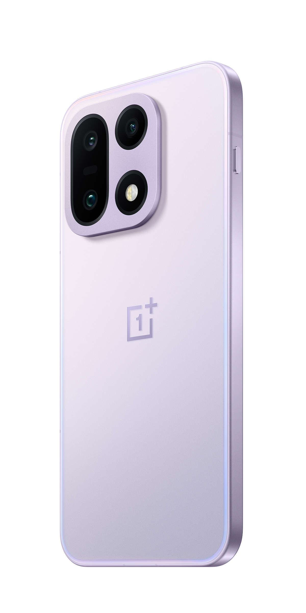 Lawendowy telefon OnePlus. Posiada moduł aparatu z wieloma obiektywami i logo OnePlus. Telefon jest pod kątem.