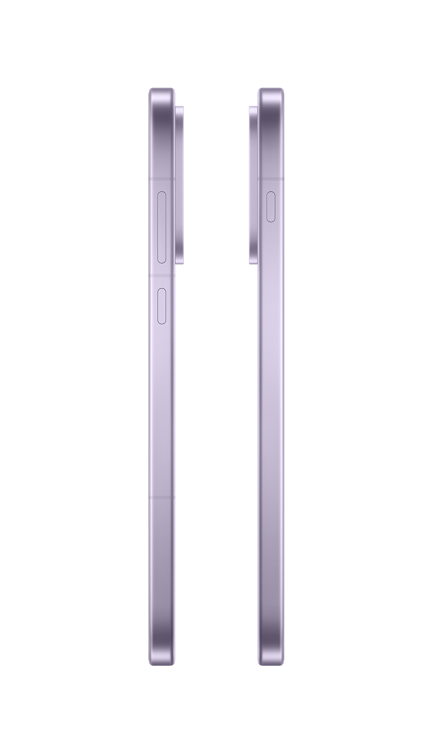 Dwa identyczne fioletowe smartfony, widok z boku, rozmieszczone symetrycznie. Przyciski widoczne z boku. Białe tło.