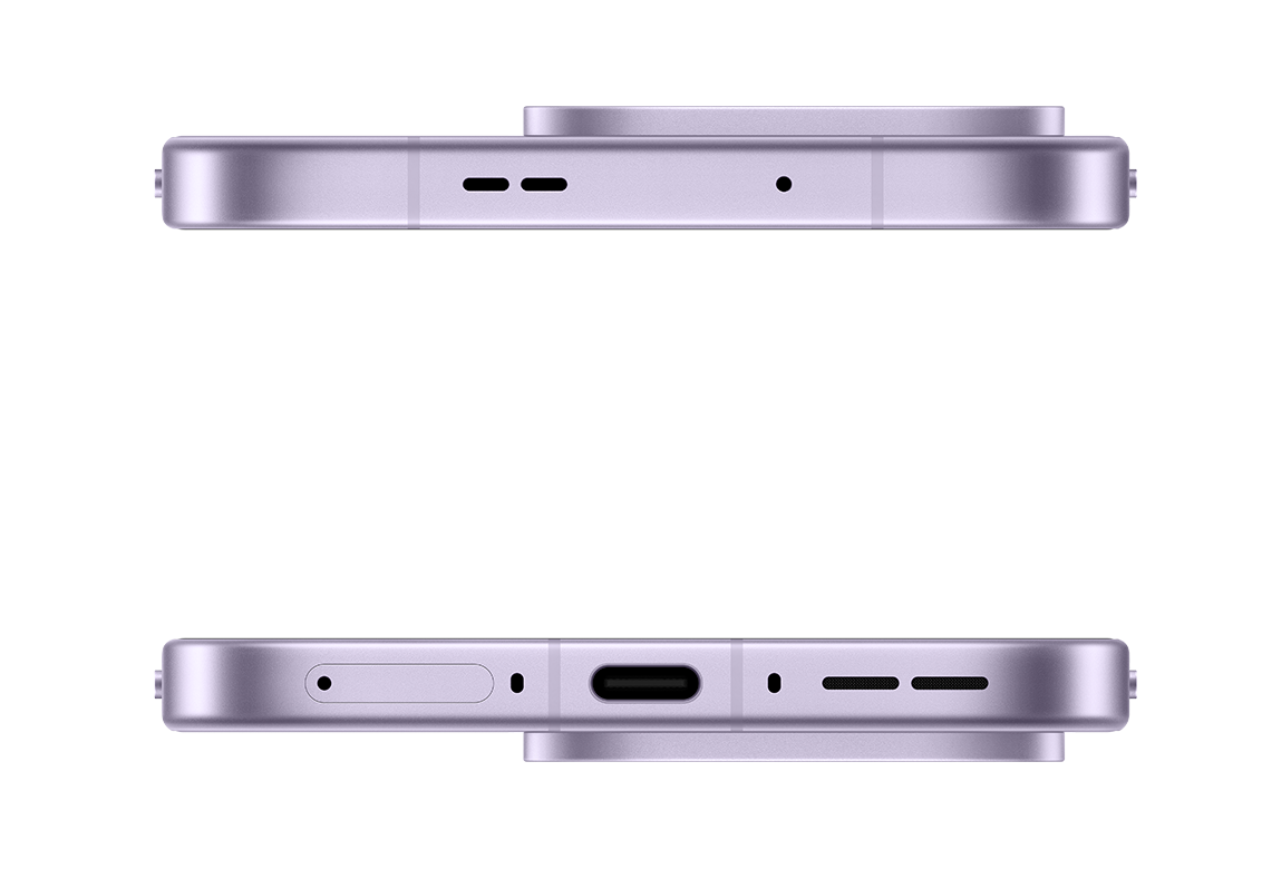 Dwa widoki jasnofioletowego smartfona. Jeden pokazuje górę z otworami, drugi dół z portem i otworami. Czarne tło.