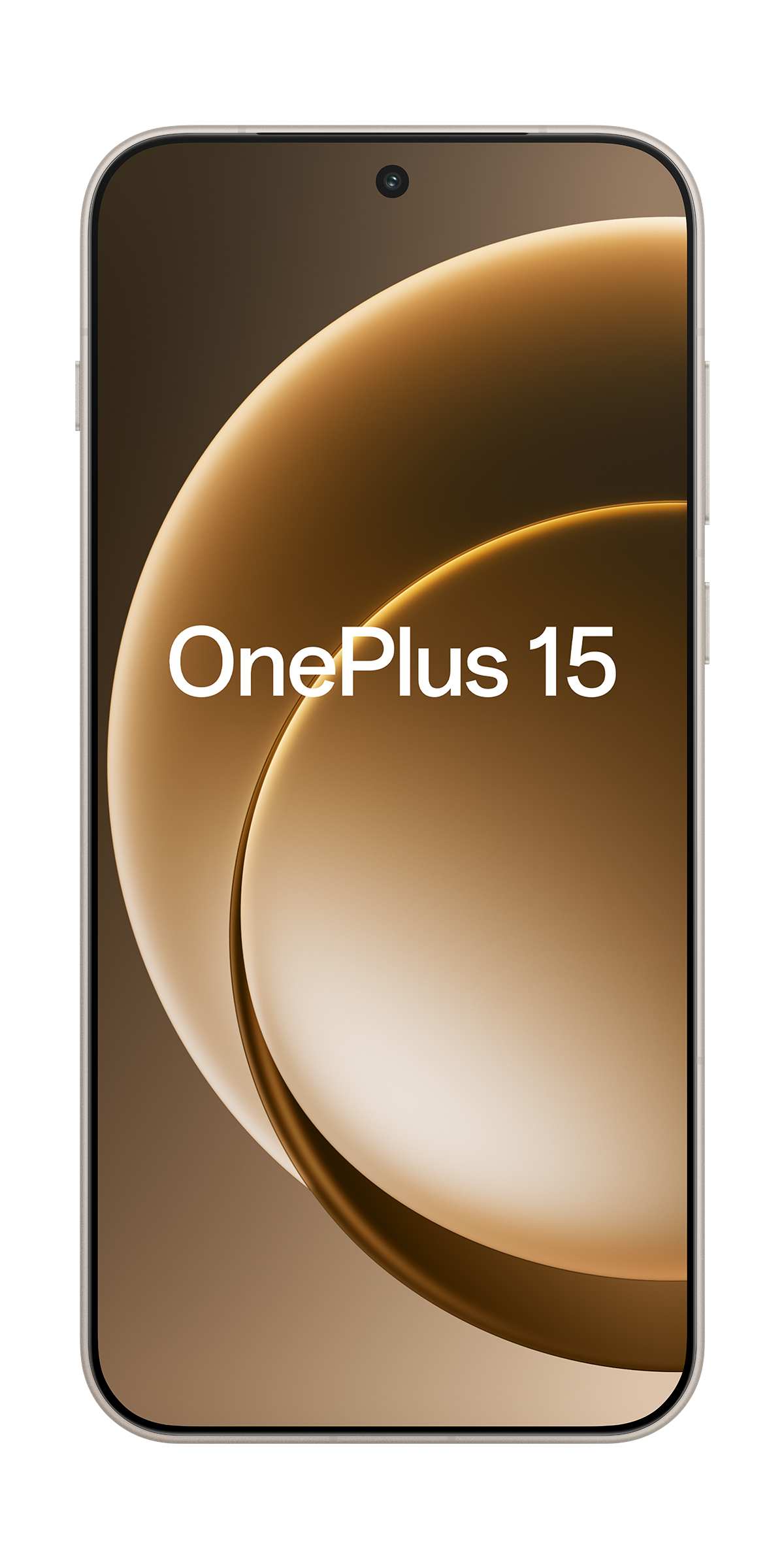 Smartfon z zakrzywionym wyświetlaczem prezentuje złoty, abstrakcyjny wzór i tekst 'OnePlus 15'.