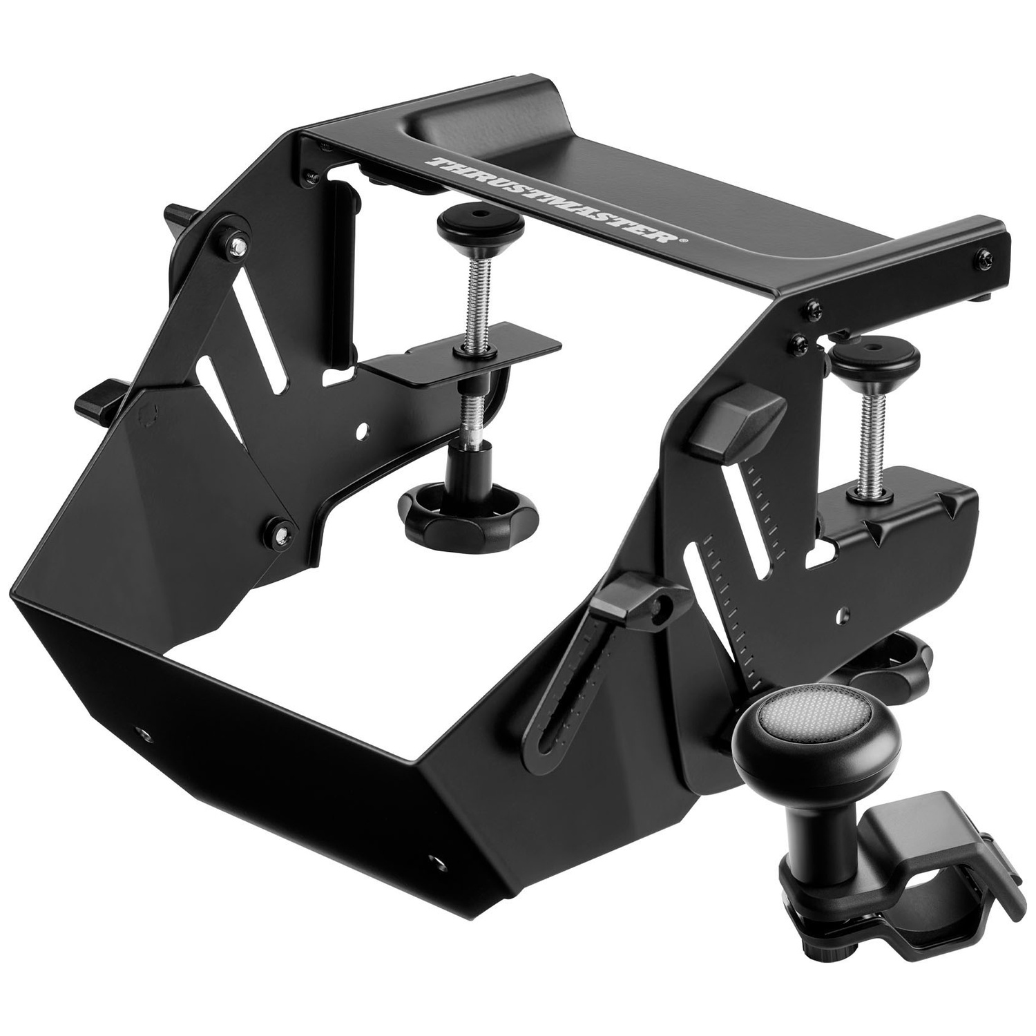 Poste de pilotage de jeu en métal noir avec logo Thrustmaster. Comprend des vis de réglage, un support de volant et divers points de montage.