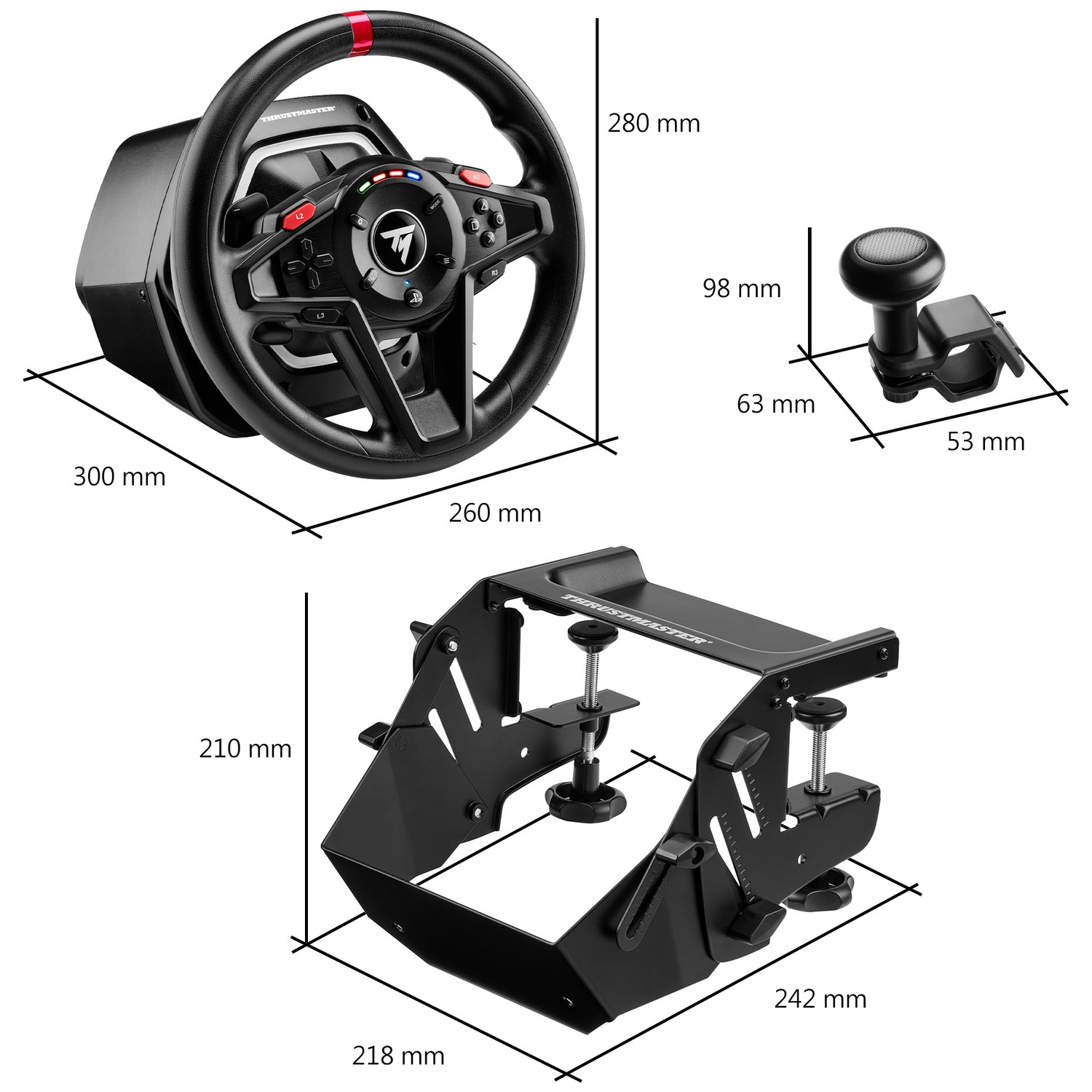 Un volant de course noir, un petit bouton noir et un support noir sont affichés avec des mesures.