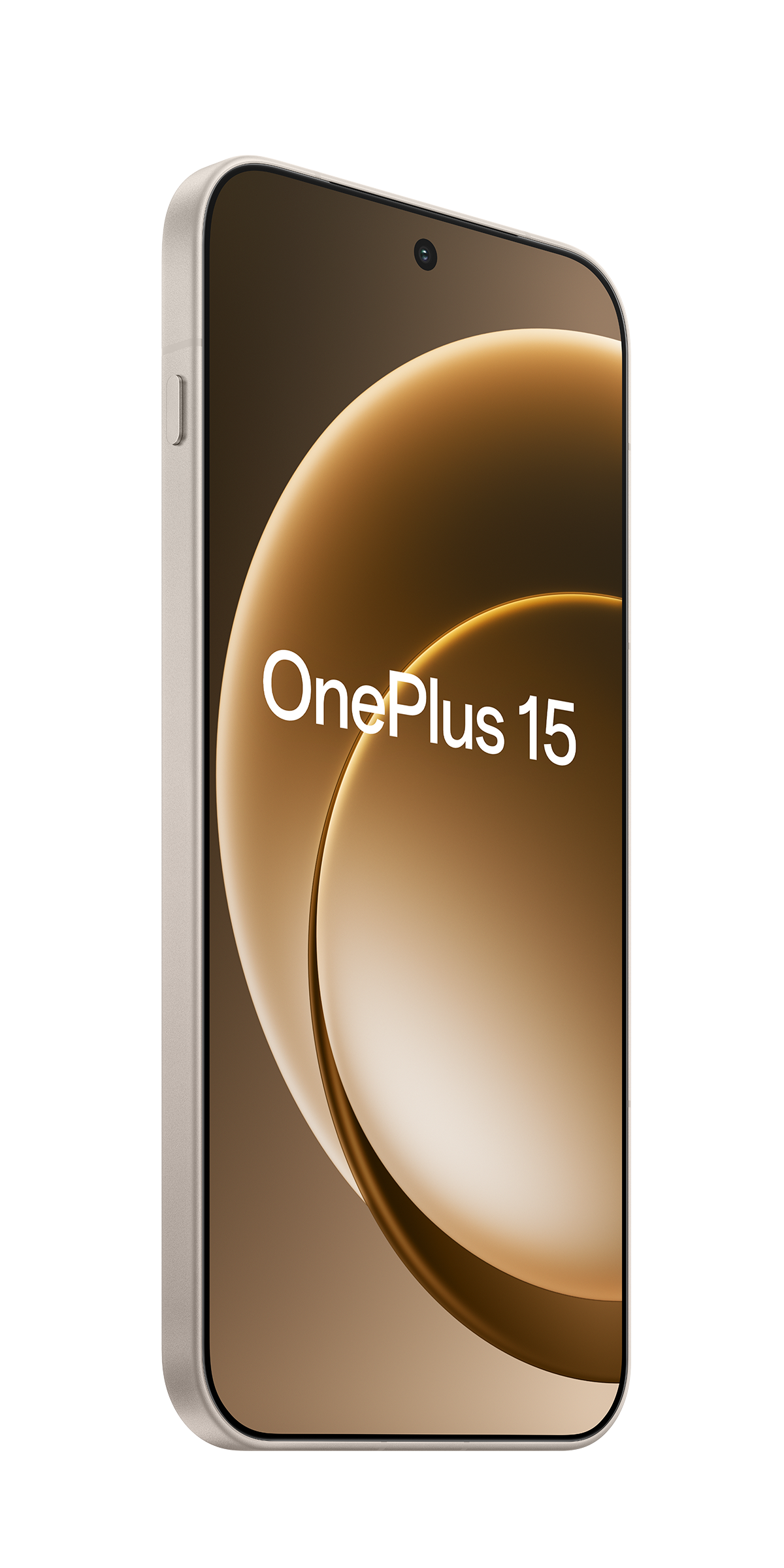 Smartfon z zakrzywionym ekranem. Telefon jest jasno-beżowy, z białym napisem 'OnePlus 15' na ekranie.