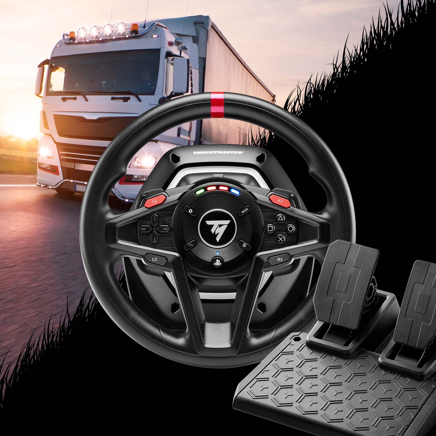 Un volant et des pédales de course au premier plan, avec un camion sur une autoroute en arrière-plan.