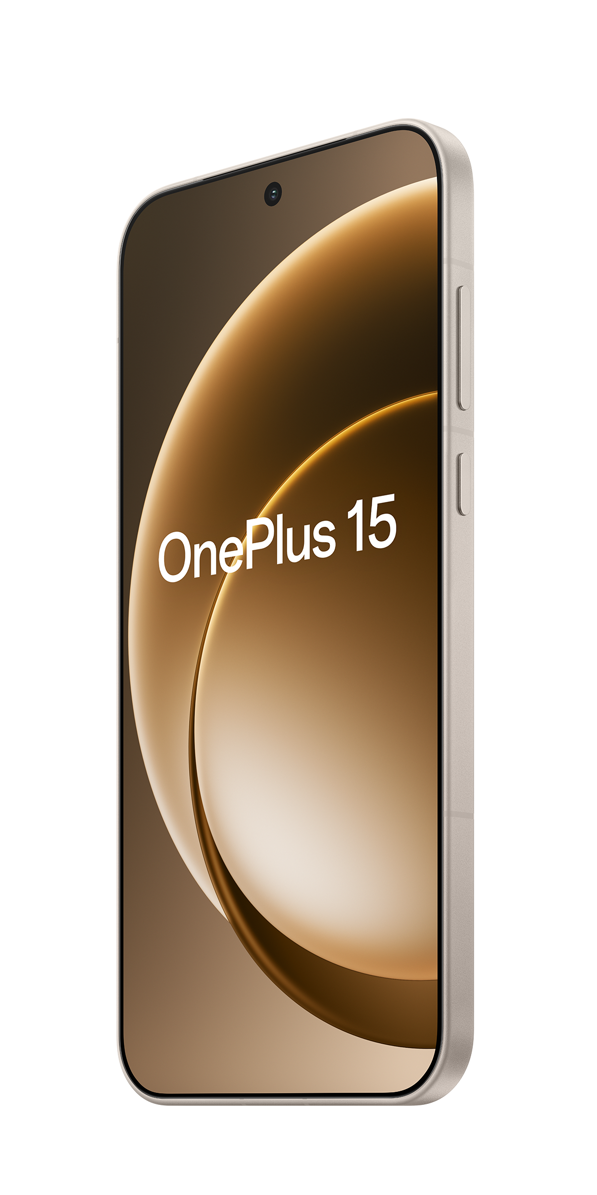 Smartfon z zakrzywionym ekranem wyświetla 'OnePlus 15' na złotym i brązowym tle. Telefon jest jasnoszary.