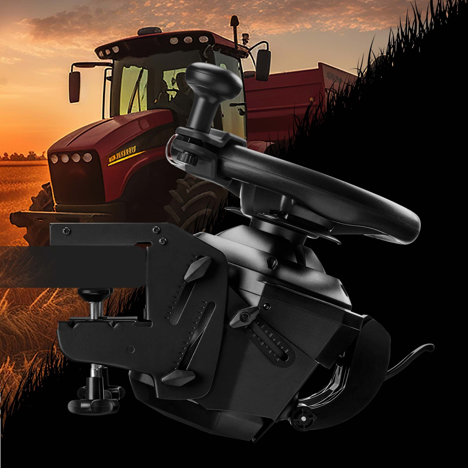 Dispositif de contrôle de machines agricoles noir devant un tracteur dans un champ au coucher du soleil.