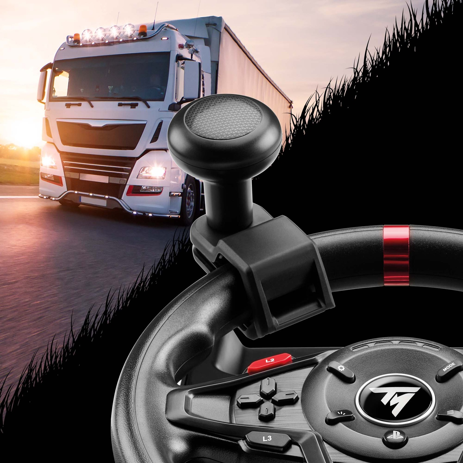 Un volant de camion au premier plan, avec un camion blanc roulant sur une route à l'arrière-plan sous un ciel de coucher de soleil.