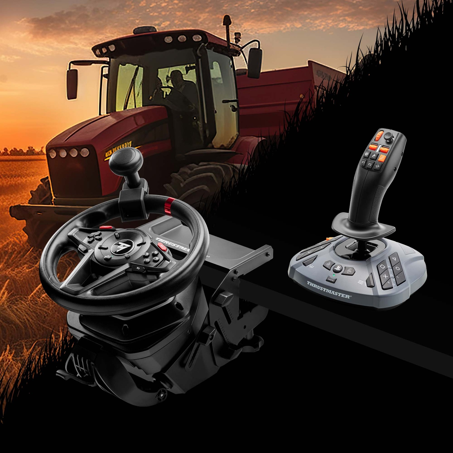 L'image montre un tracteur, un volant et un joystick. Le tracteur est rouge. La scène a un arrière-plan de coucher de soleil.