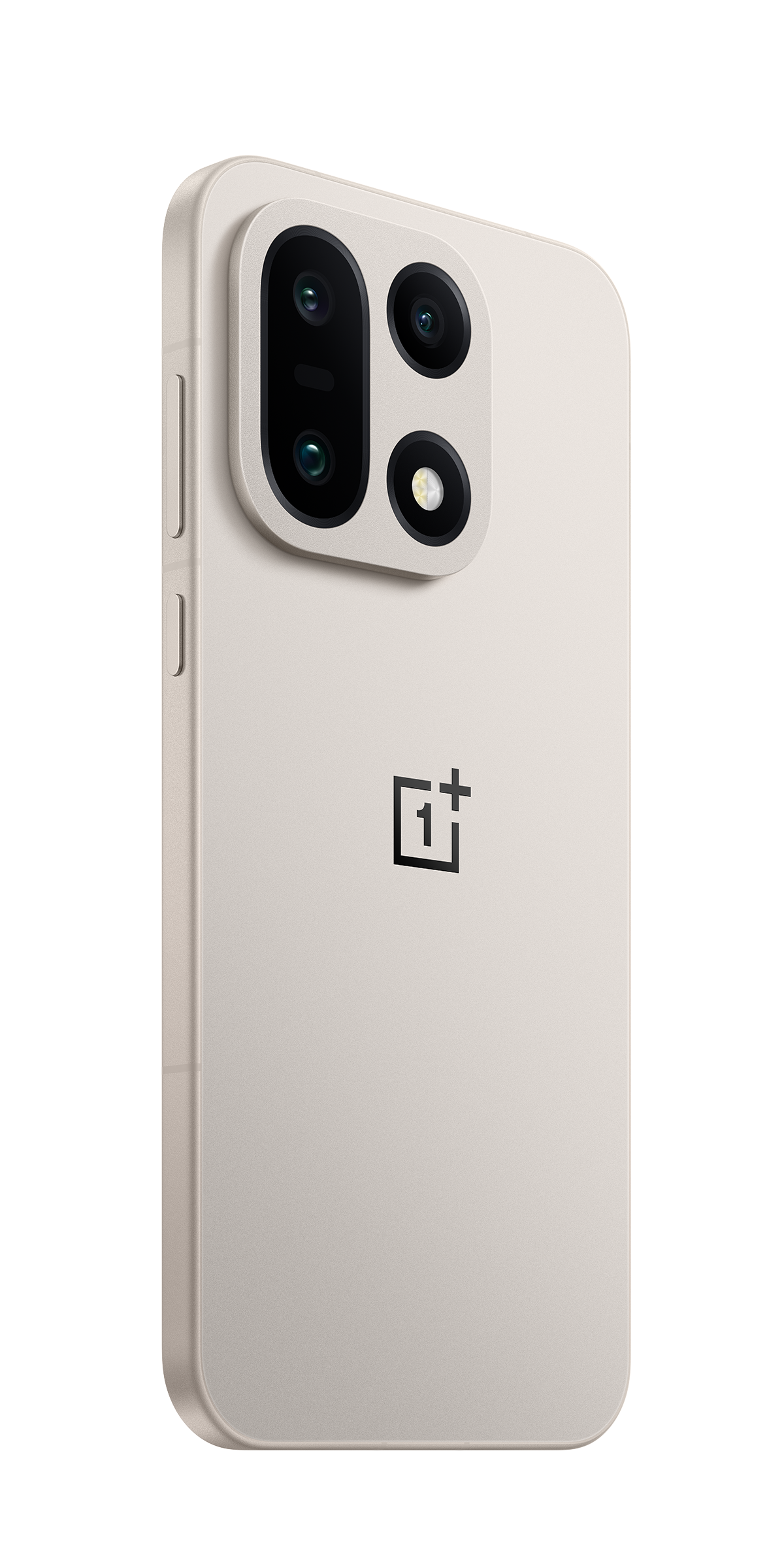 Beżowy smartfon z trzema obiektywami, lampą błyskową i logo OnePlus.