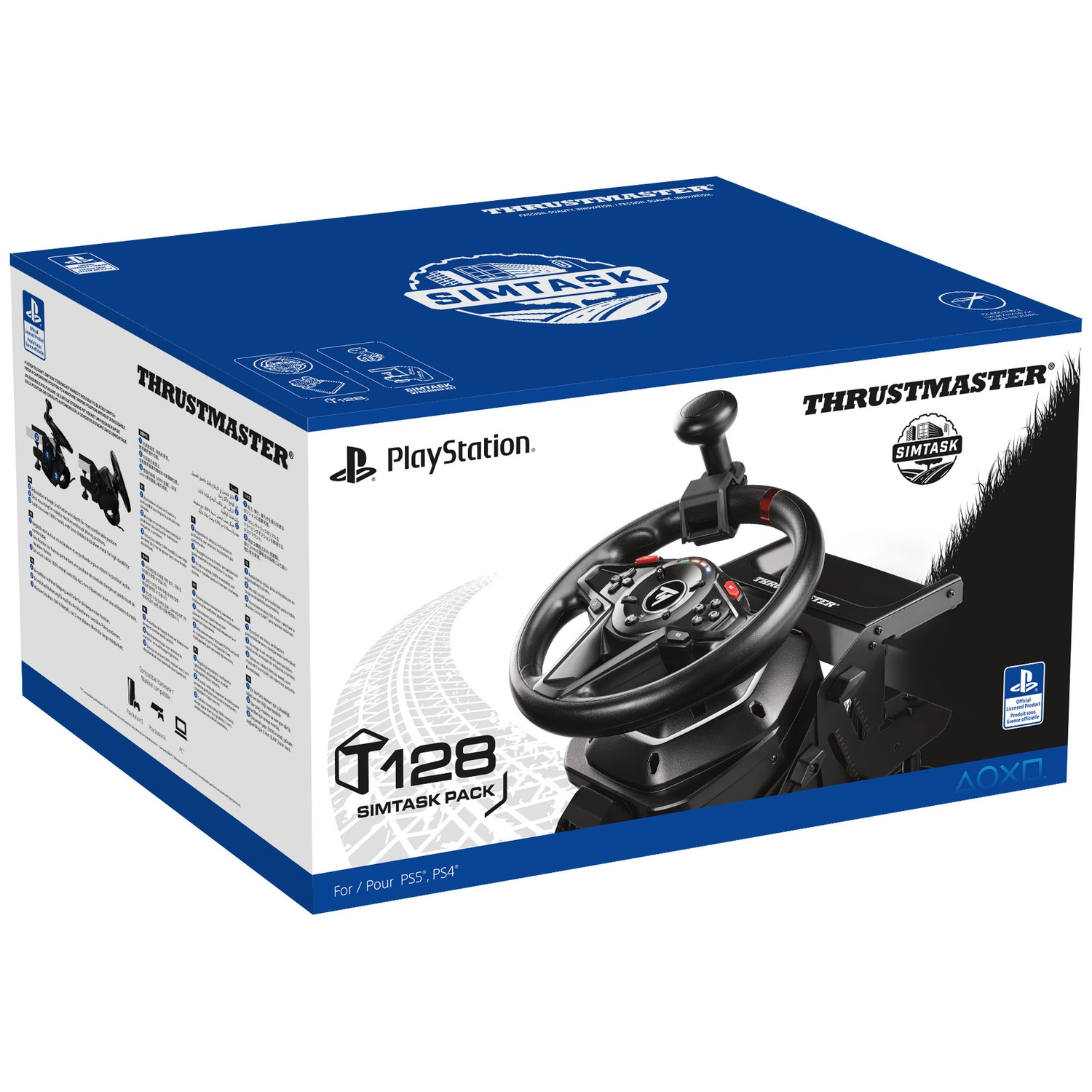 Boîte de volant de course Thrustmaster Simtask pour PlayStation, noir et bleu, avec graphique de trace de pneu et logo PlayStation.
