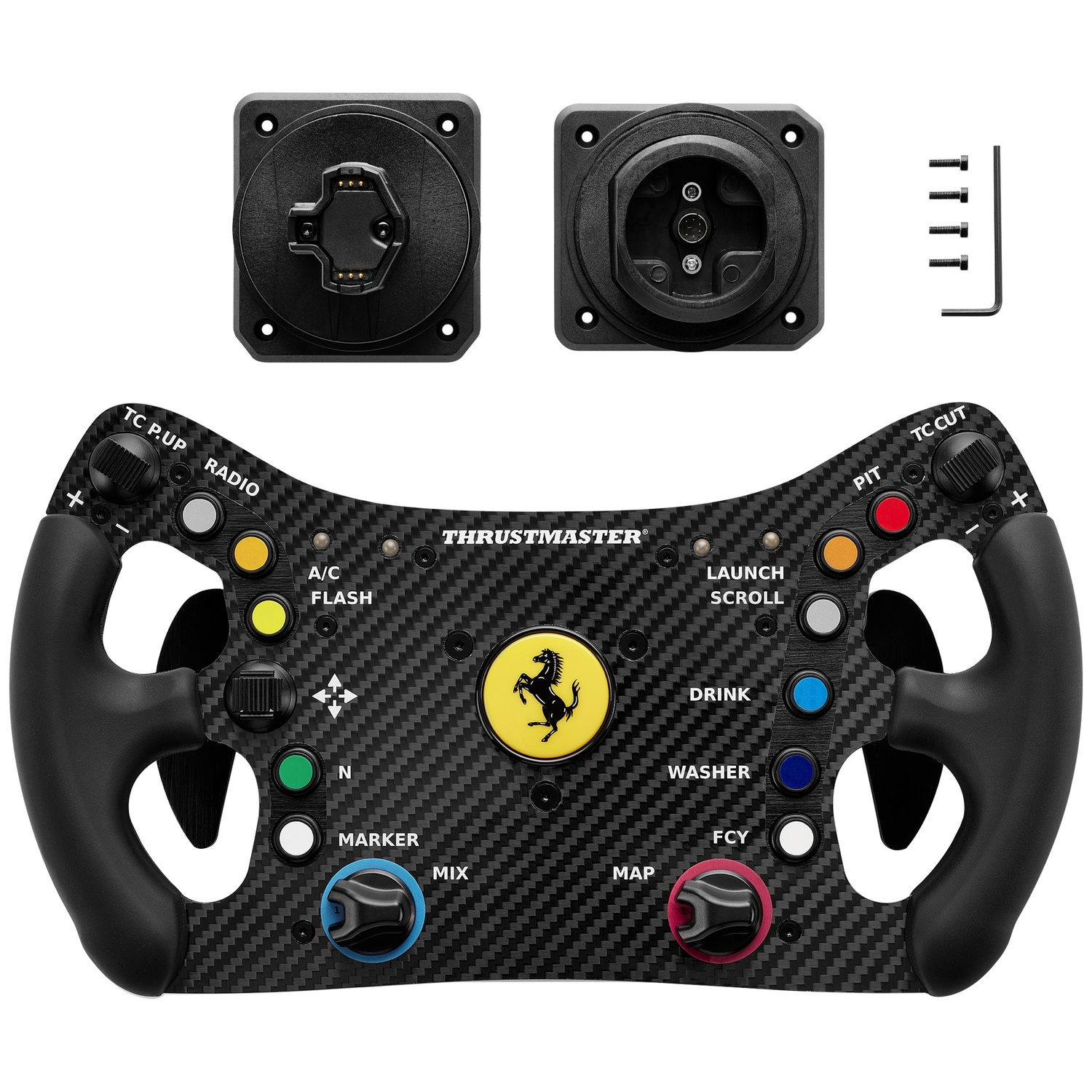 Un volant noir et en fibre de carbone avec des boutons et des molettes. Le haut comporte deux pièces de connexion et des vis. Le logo Ferrari est au centre.