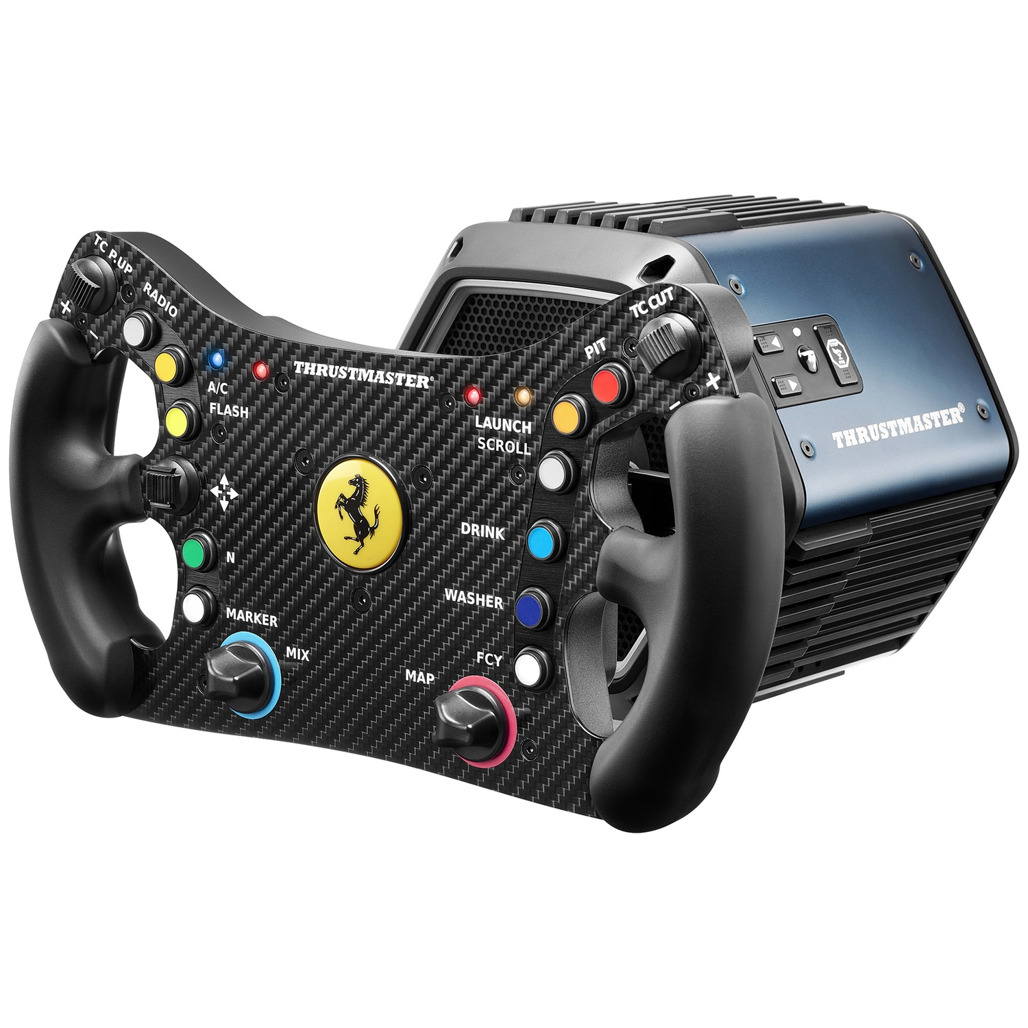 Un volant de course Thrustmaster Ferrari noir et bleu avec plusieurs boutons et cadrans, dont un logo Ferrari au centre.