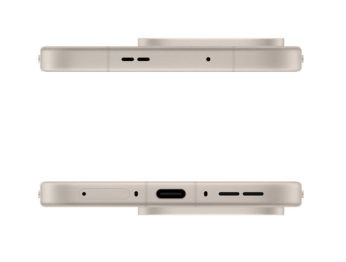 Widok z góry i z dołu beżowego smartfona na czarnym tle. Zawiera otwory głośnikowe, port ładowania i mikrofon.