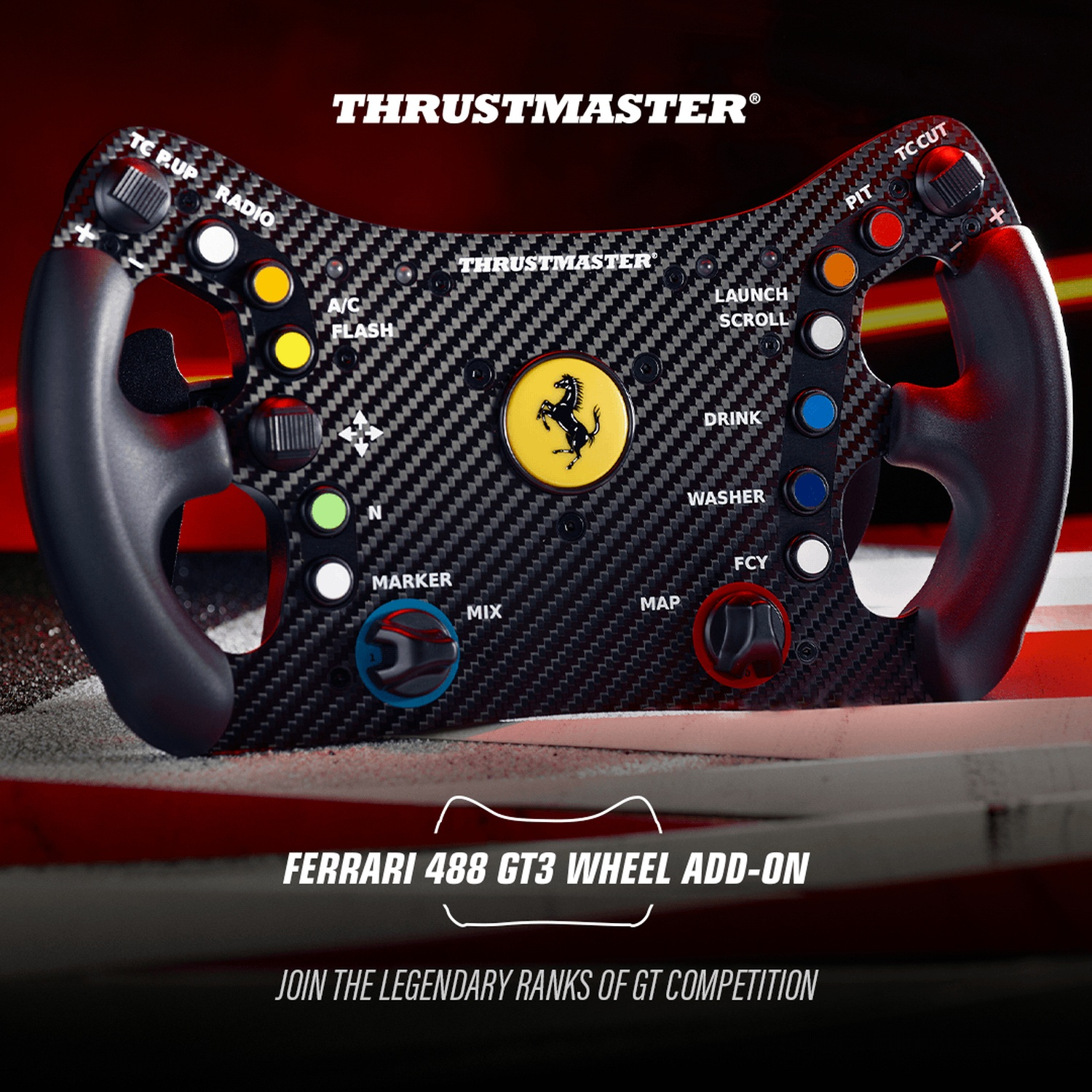Un volant de course avec texture fibre de carbone, boutons et logo Ferrari. Le texte sur le volant comprend 'THRUSTMASTER' et 'FERRARI 488 GT3'.