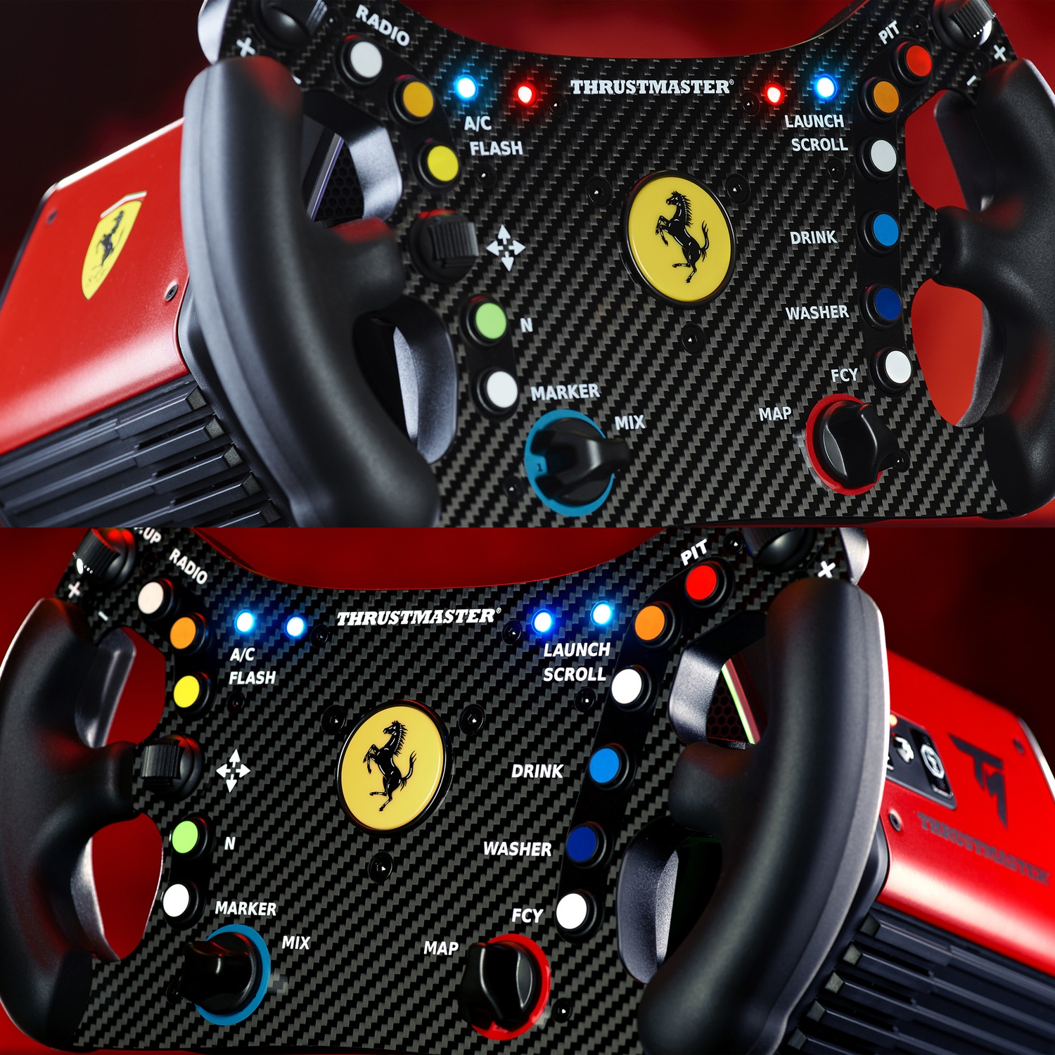 Deux contrôleurs de volant de course Ferrari. Texture en fibre de carbone avec boutons et molettes. Logo Ferrari au centre. Palette de couleurs rouge et noire.