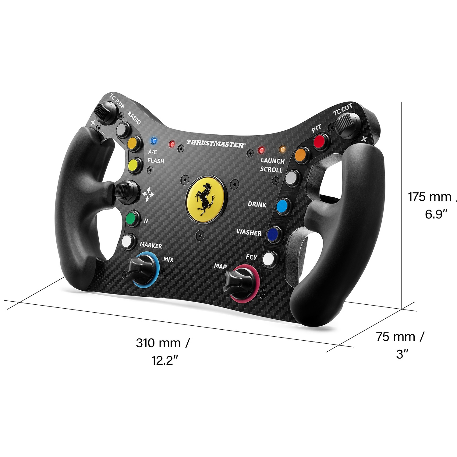 Un volant de course Thrustmaster Ferrari noir et argent avec divers boutons, molettes et un logo Ferrari. Des dimensions sont fournies.