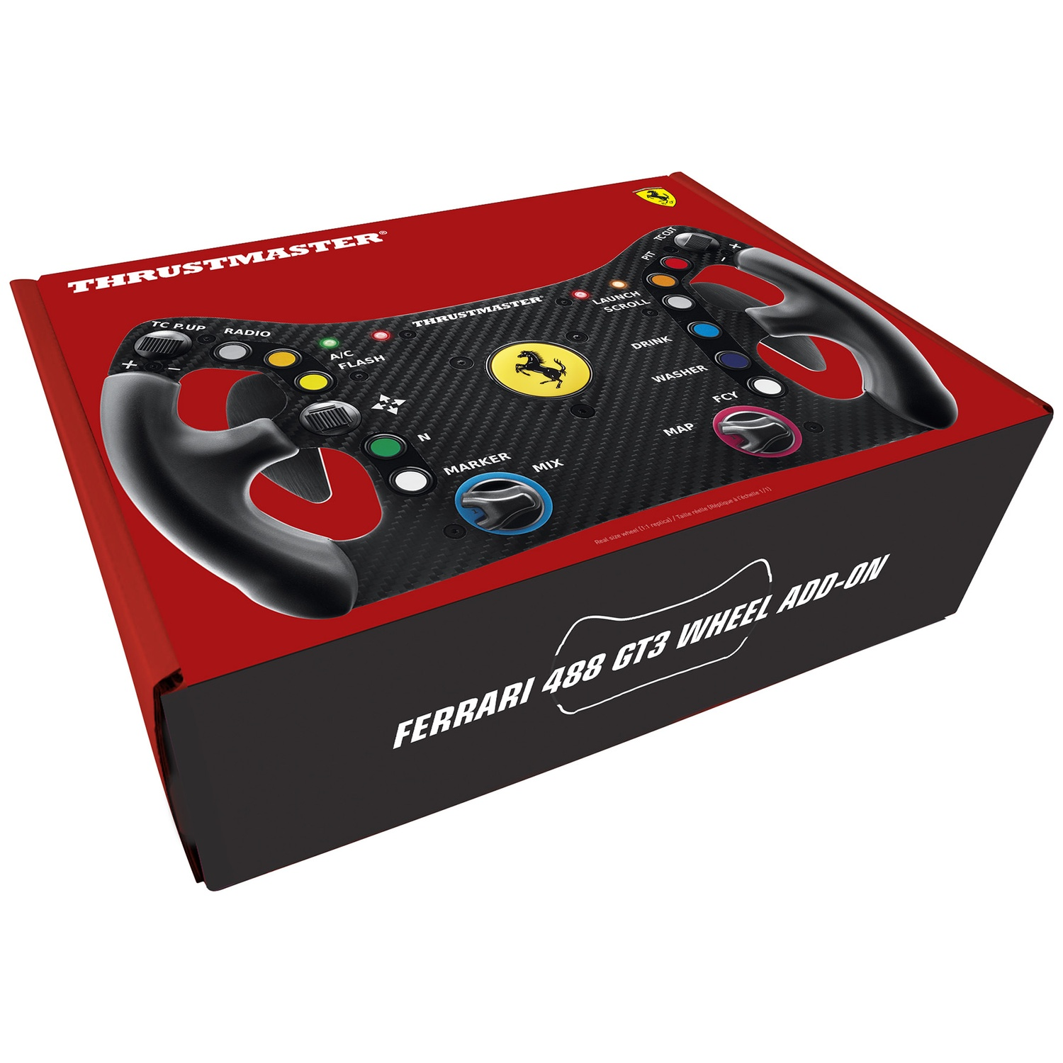 Une boîte d'extension de volant Ferrari 488 GT3. Le volant a des boutons et le logo Ferrari. La boîte est rouge et noire.