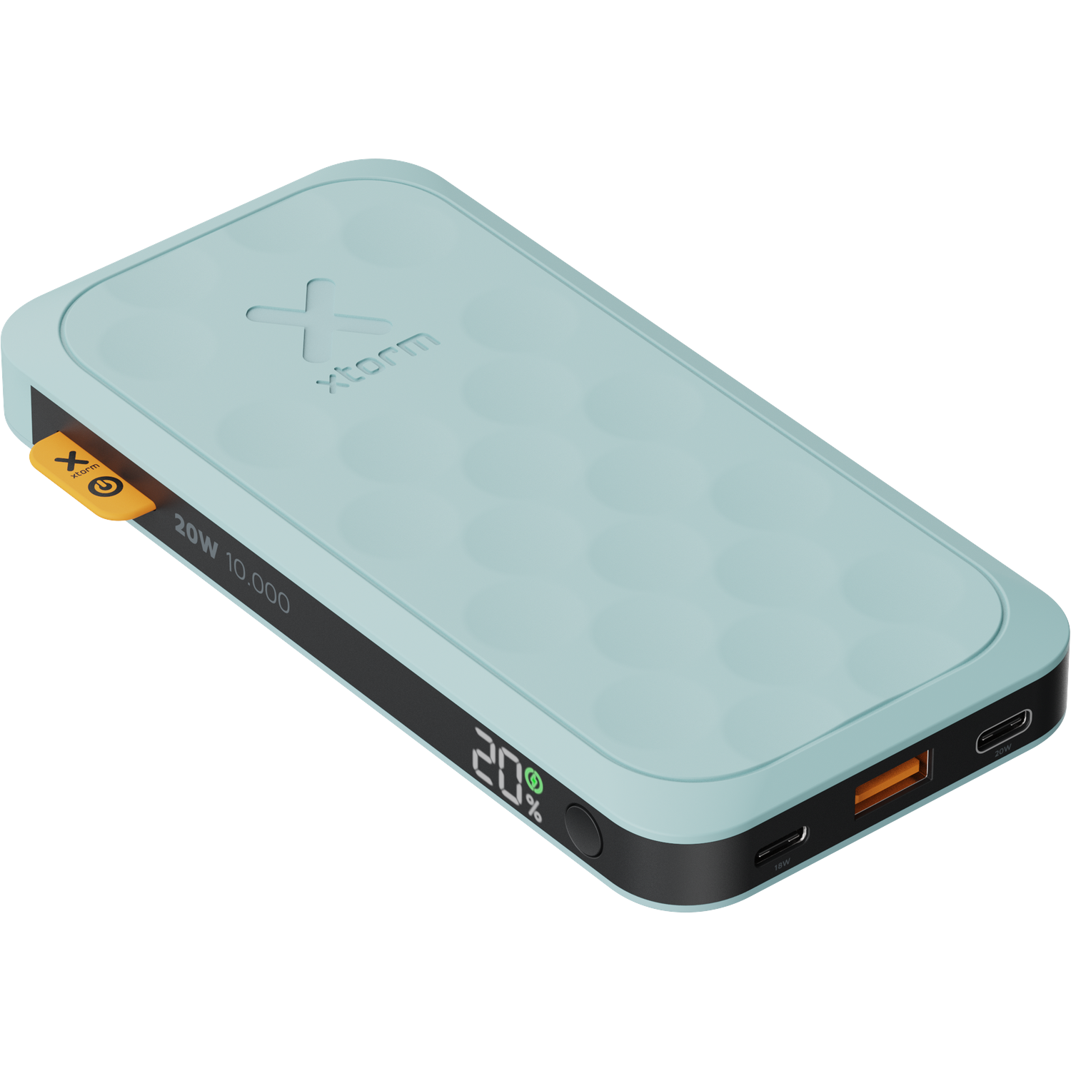 A light blue X-storm power bank. It has a digital display showing 20% and orange and black accents. The surface has dimples.