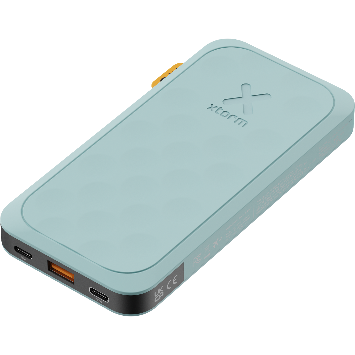 A light blue X-shaped power bank. It has a USB-C port, a USB port, and an orange tab. The brand name 'xtorm' is visible.
