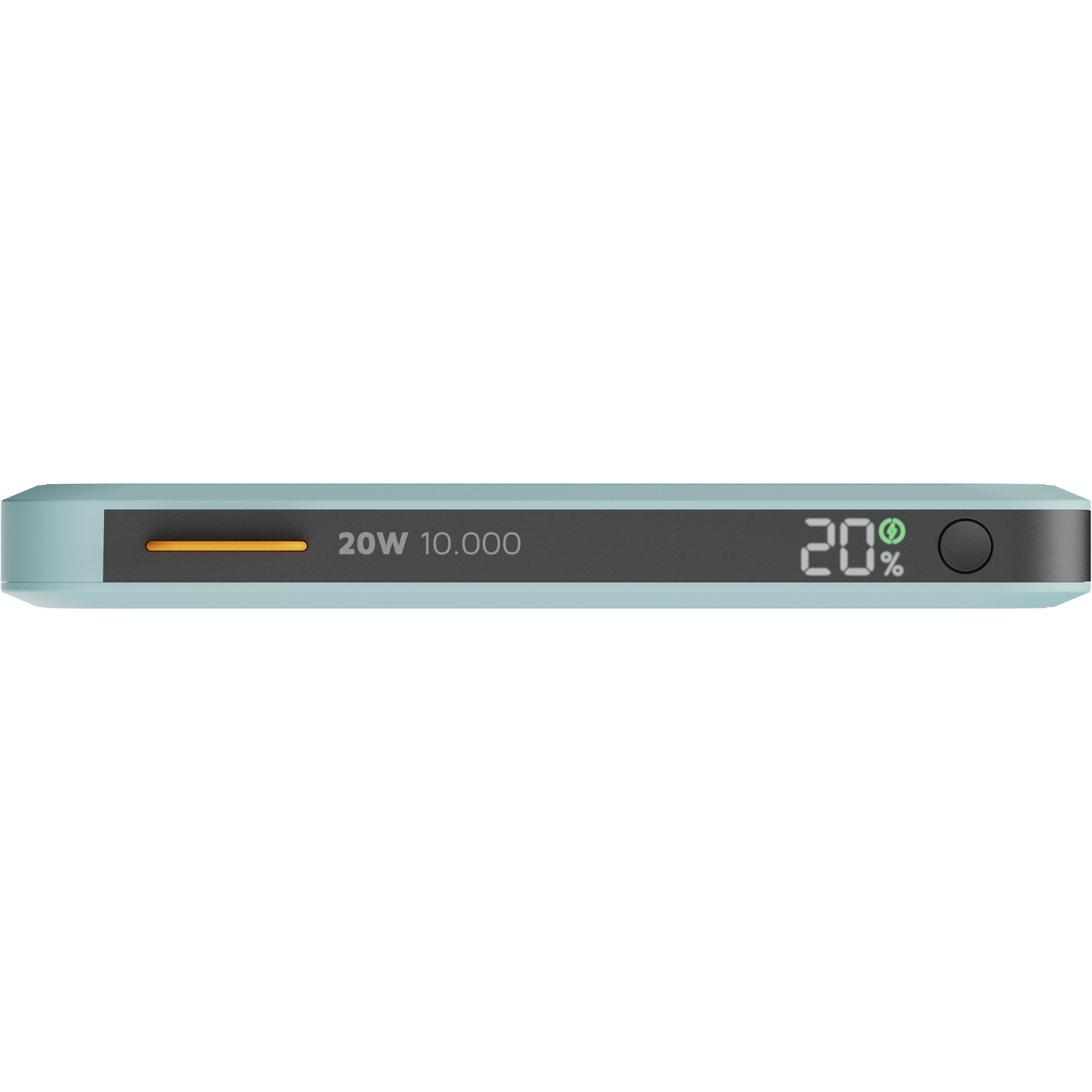 A light blue power bank with a digital display showing 20% charge. It has a button and text indicating 20W and 10,000 mAh.