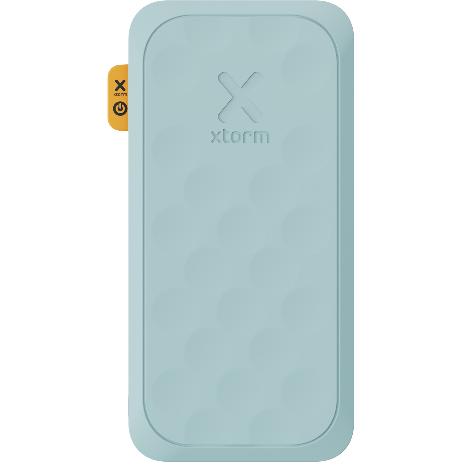 A light blue X-shaped power bank. An orange tab on the side has the X-storm logo and power button. The surface has dotted pattern.