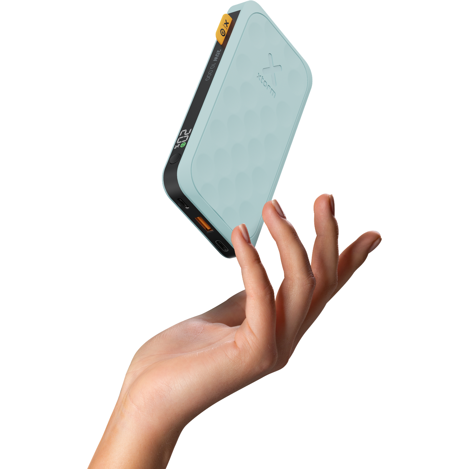 A hand holding a blue power bank. The device has a black border and displays 20%. The background is white.