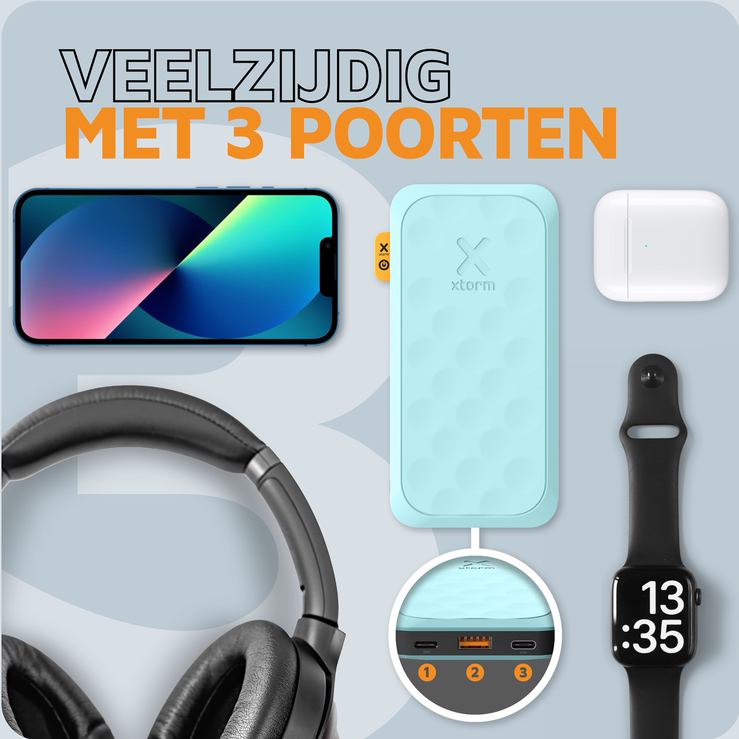 Image features a phone, power bank, AirPods, smartwatch, and headphones. Text reads 'Versatile with 3 ports'.
