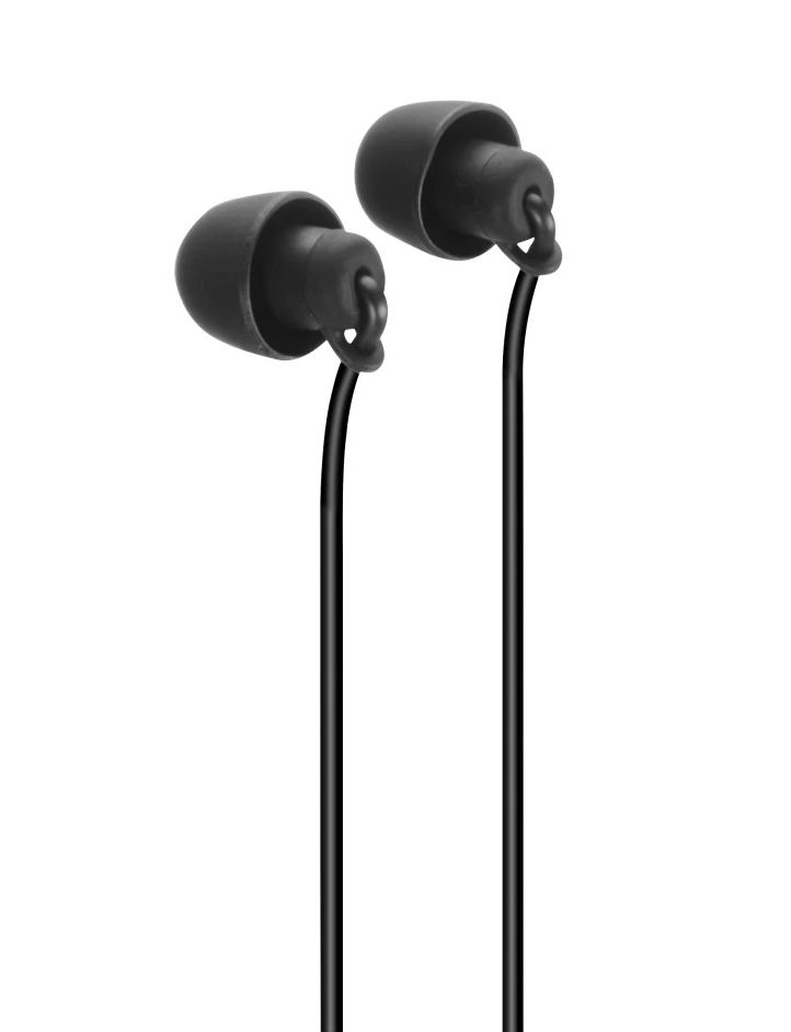 Dos auriculares negros con cables negros sobre un fondo blanco. Cada auricular tiene una punta redondeada y un pequeño bucle.