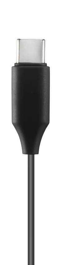 Primer plano de un cable USB-C negro. El conector es plateado y el cable se estrecha hasta un cable negro y delgado.